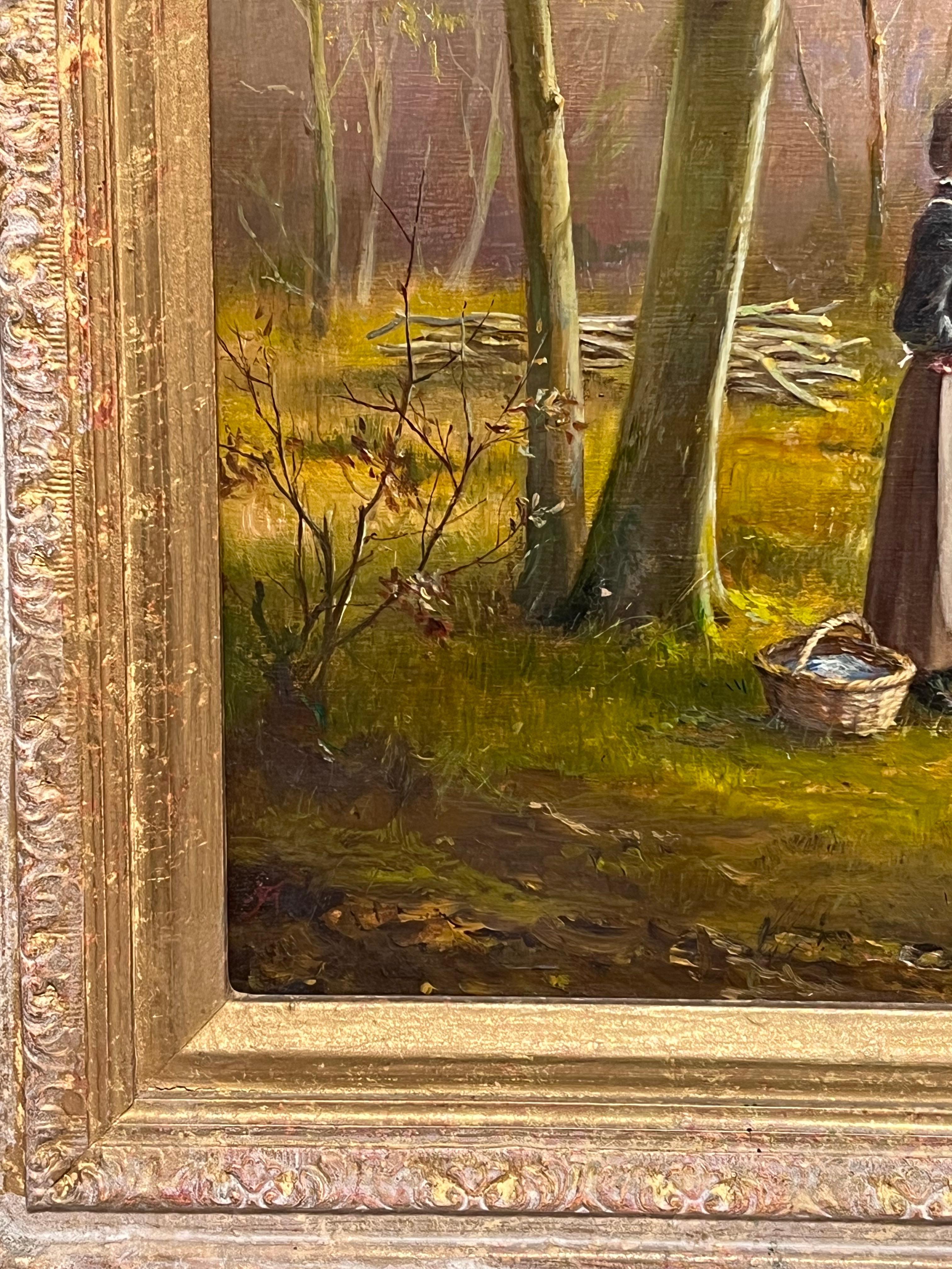 Lady in Woods with Logging Team Gatherin Firewood Fine English Oil Painting For Sale 8