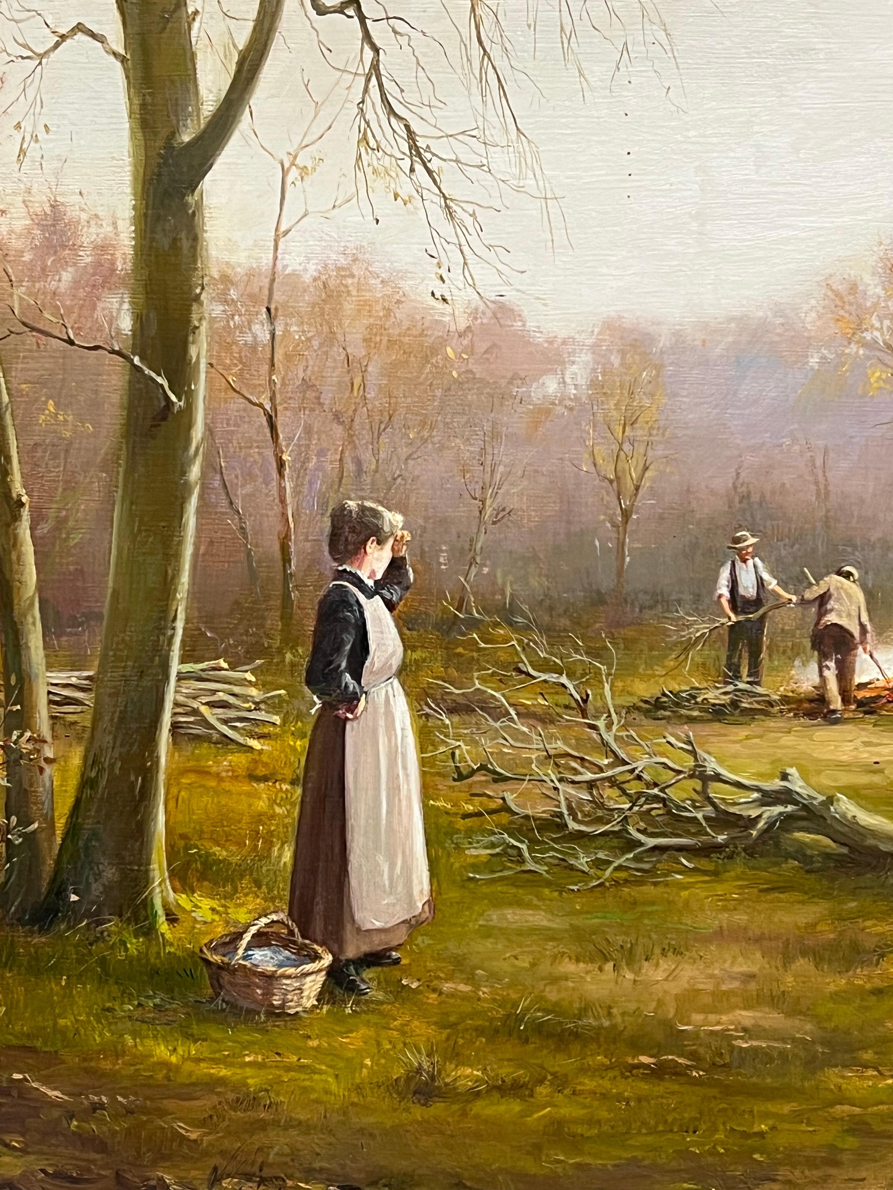 Lady in Woods with Logging Team Gatherin Firewood Fine English Oil Painting For Sale 9