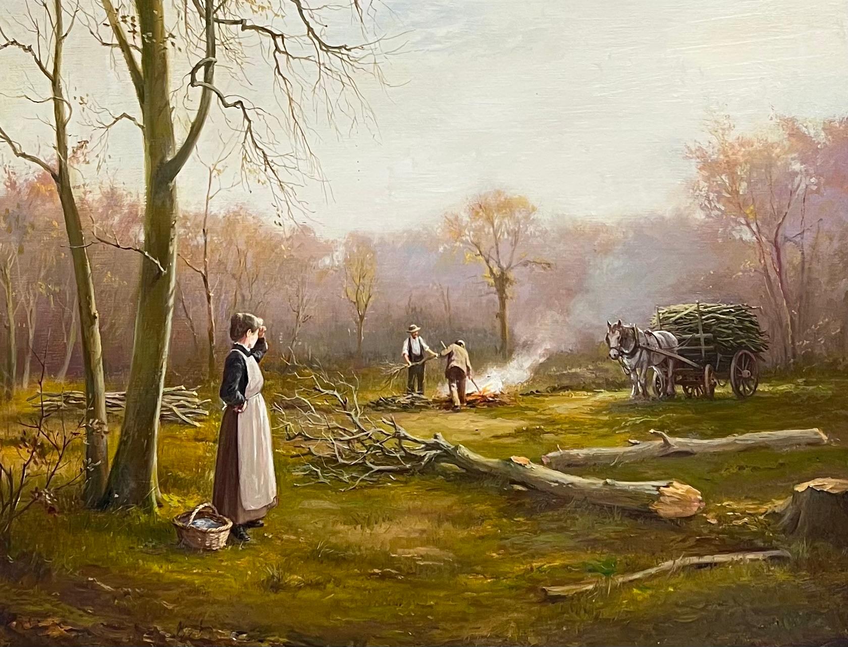 Lady in Woods with Logging Team Gatherin Firewood Fine English Oil Painting - Brown Landscape Painting by Antique English School