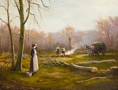 Lady in Woods with Logging Team Gatherin Firewood Fine English Oil Painting