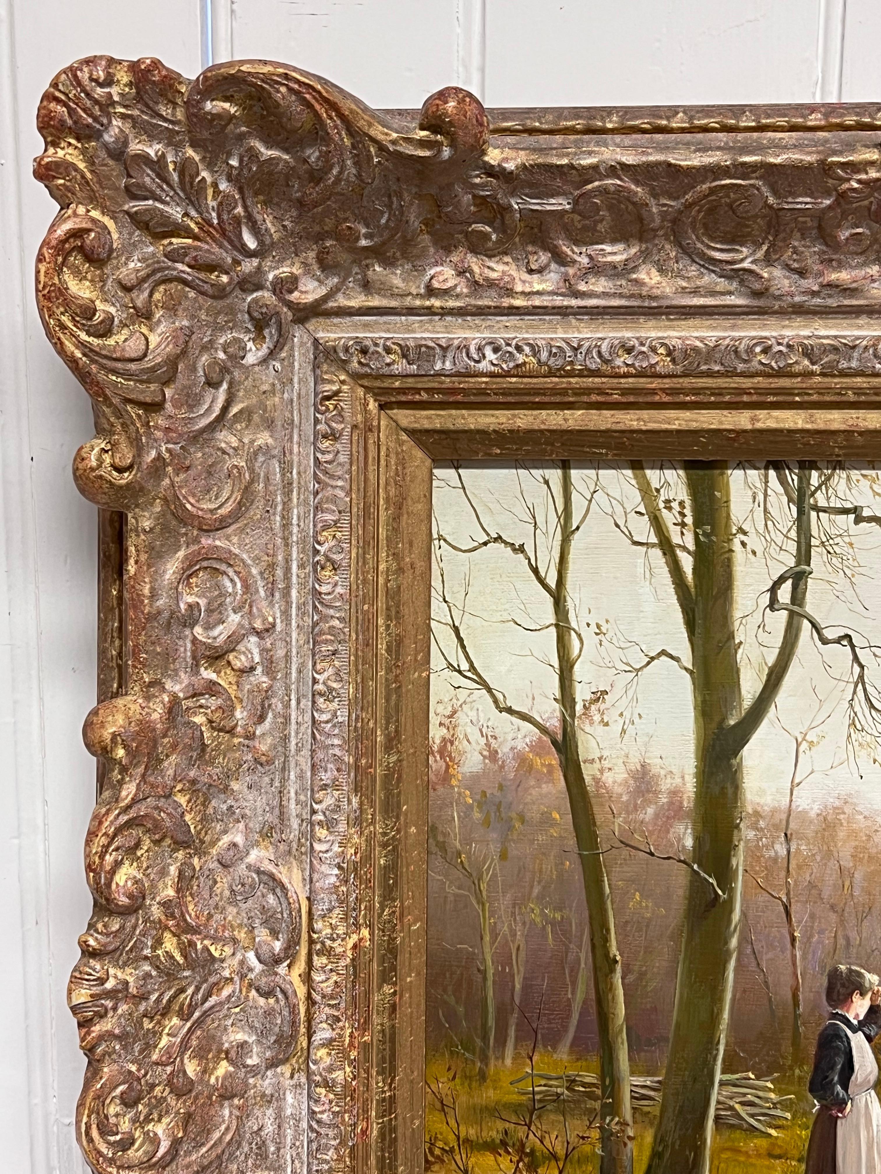 Lady in Woods with Logging Team Gatherin Firewood Fine English Oil Painting For Sale 1