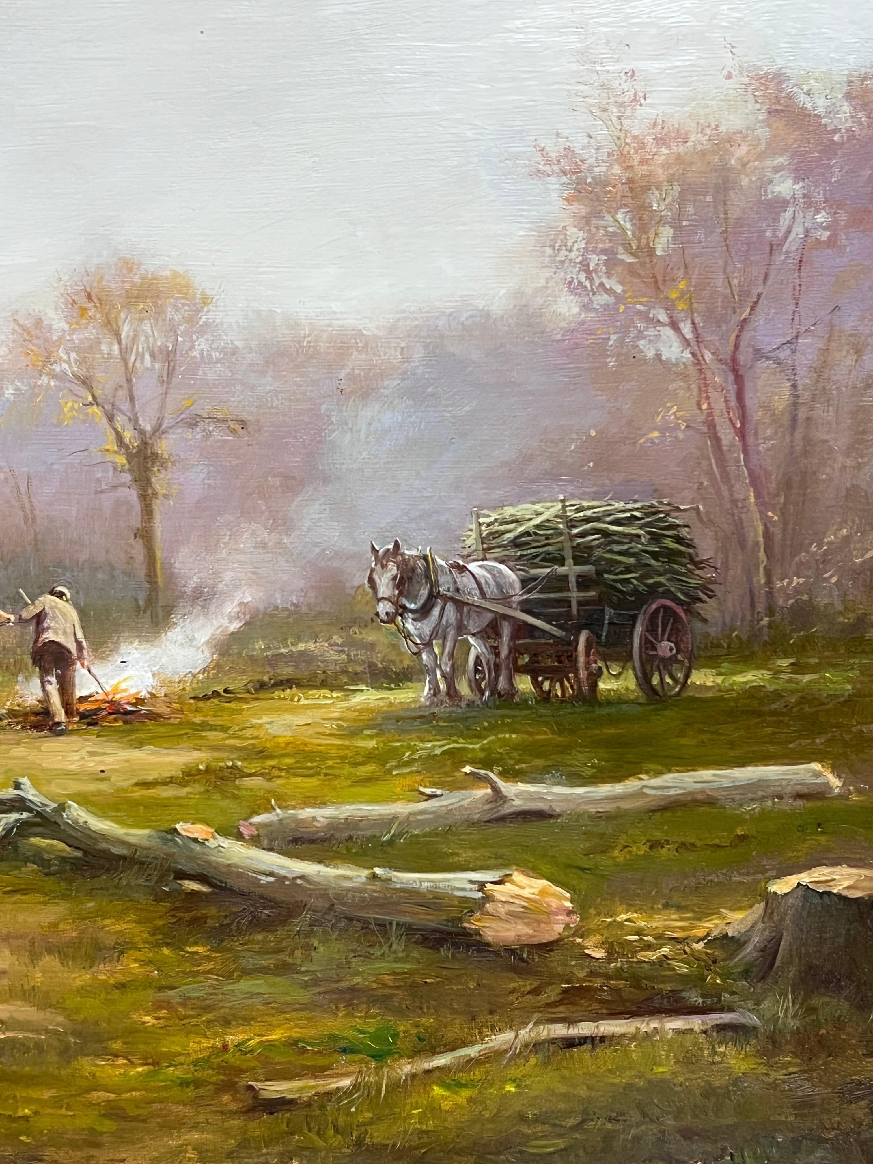 Lady in Woods with Logging Team Gatherin Firewood Fine English Oil Painting For Sale 2