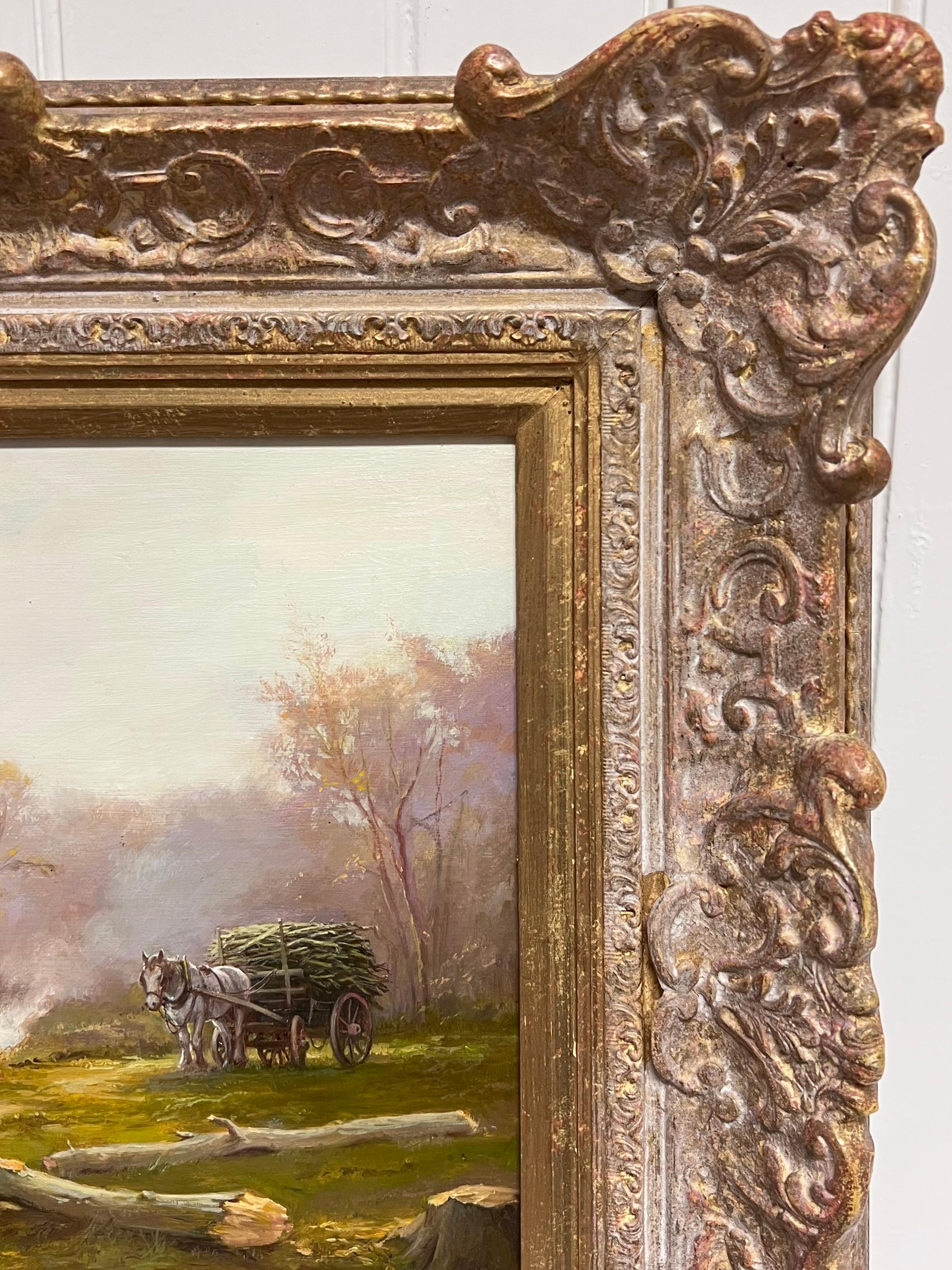 Lady in Woods with Logging Team Gatherin Firewood Fine English Oil Painting For Sale 4