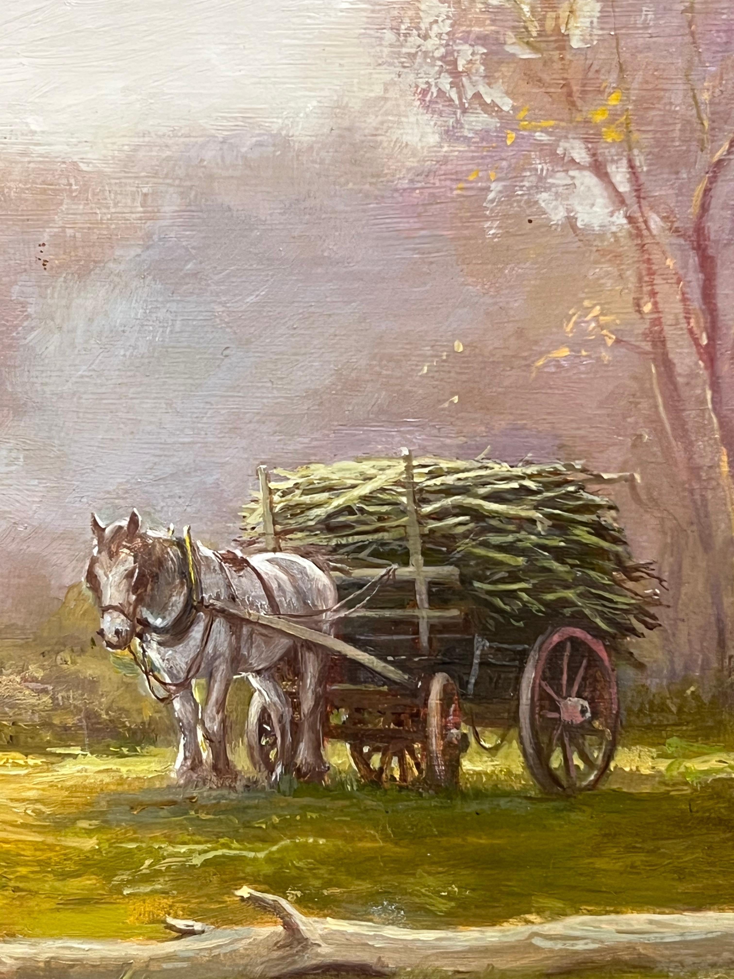 Lady in Woods with Logging Team Gatherin Firewood Fine English Oil Painting For Sale 5