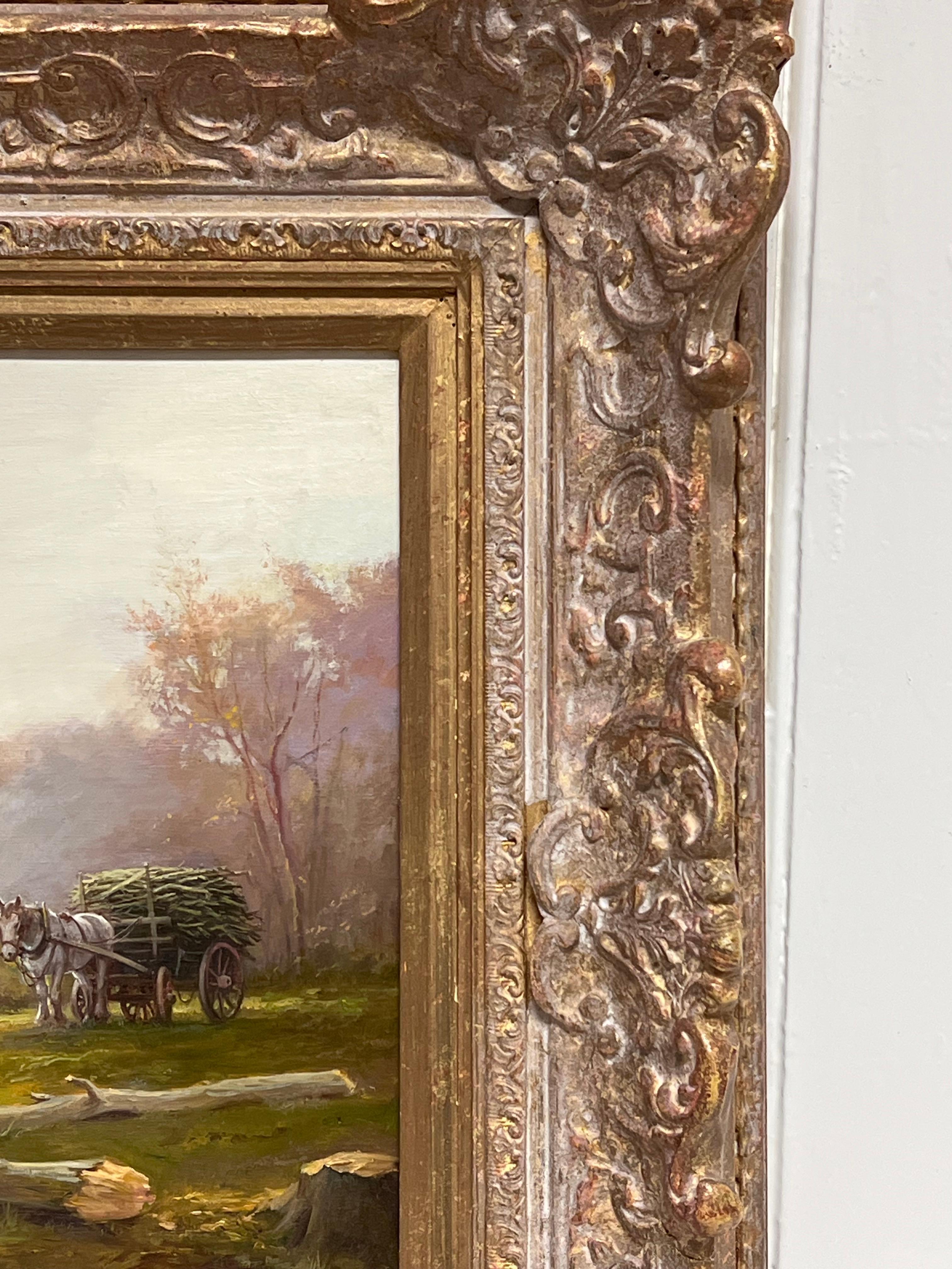 Lady in Woods with Logging Team Gatherin Firewood Fine English Oil Painting For Sale 6