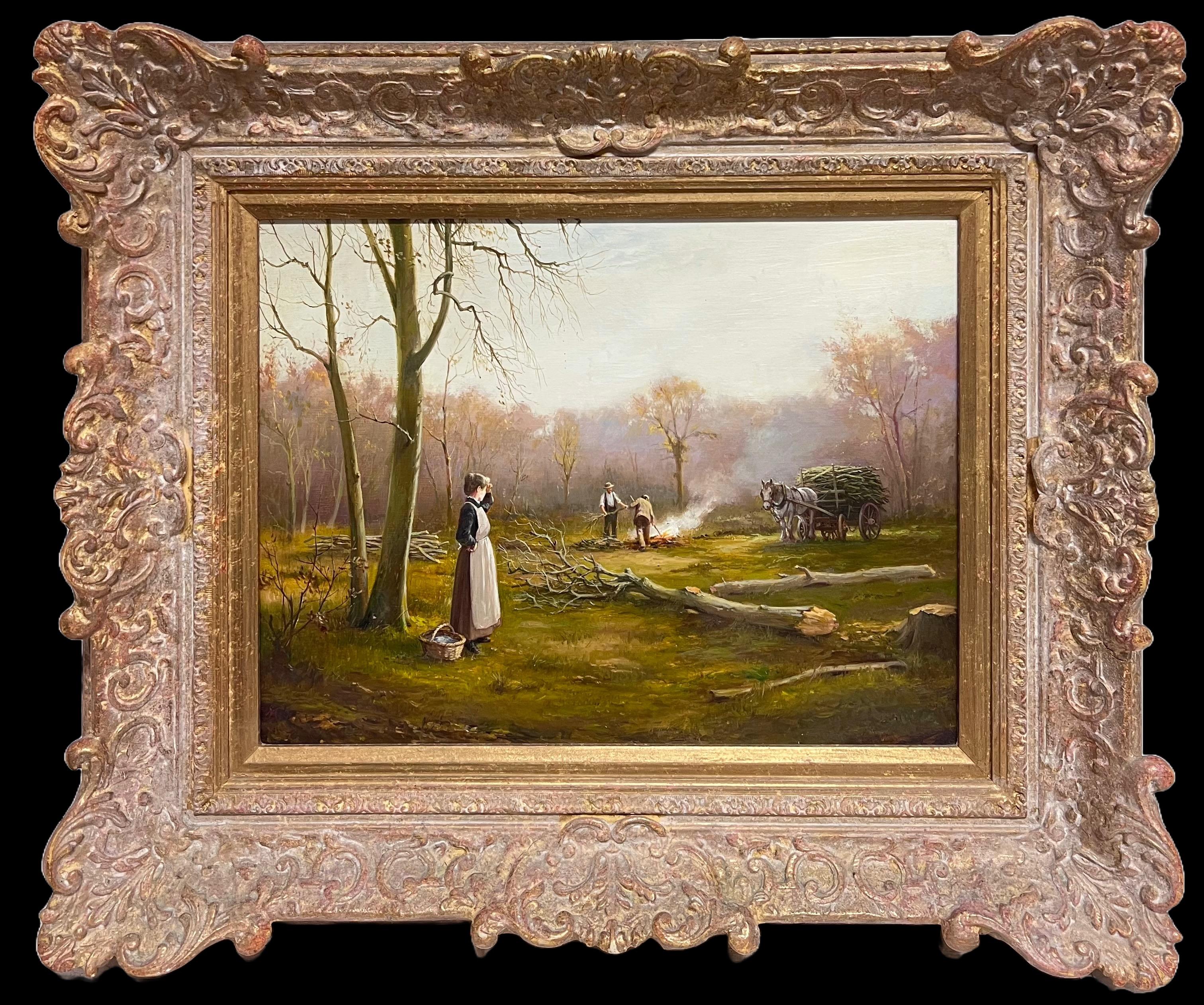 Antique English School Landscape Painting - Lady in Woods with Logging Team Gatherin Firewood Fine English Oil Painting