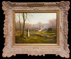 Antique Lady in Woods with Logging Team Gatherin Firewood Fine English Oil Painting
