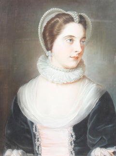 Antique English School Pastel Portrait of a Lady in Archaic Dress, 18th Century