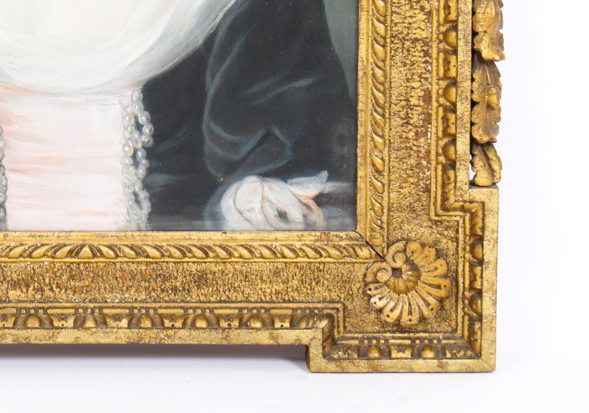 Giltwood Antique English School Pastel Portrait of a Lady in Archaic Dress, 18th Century