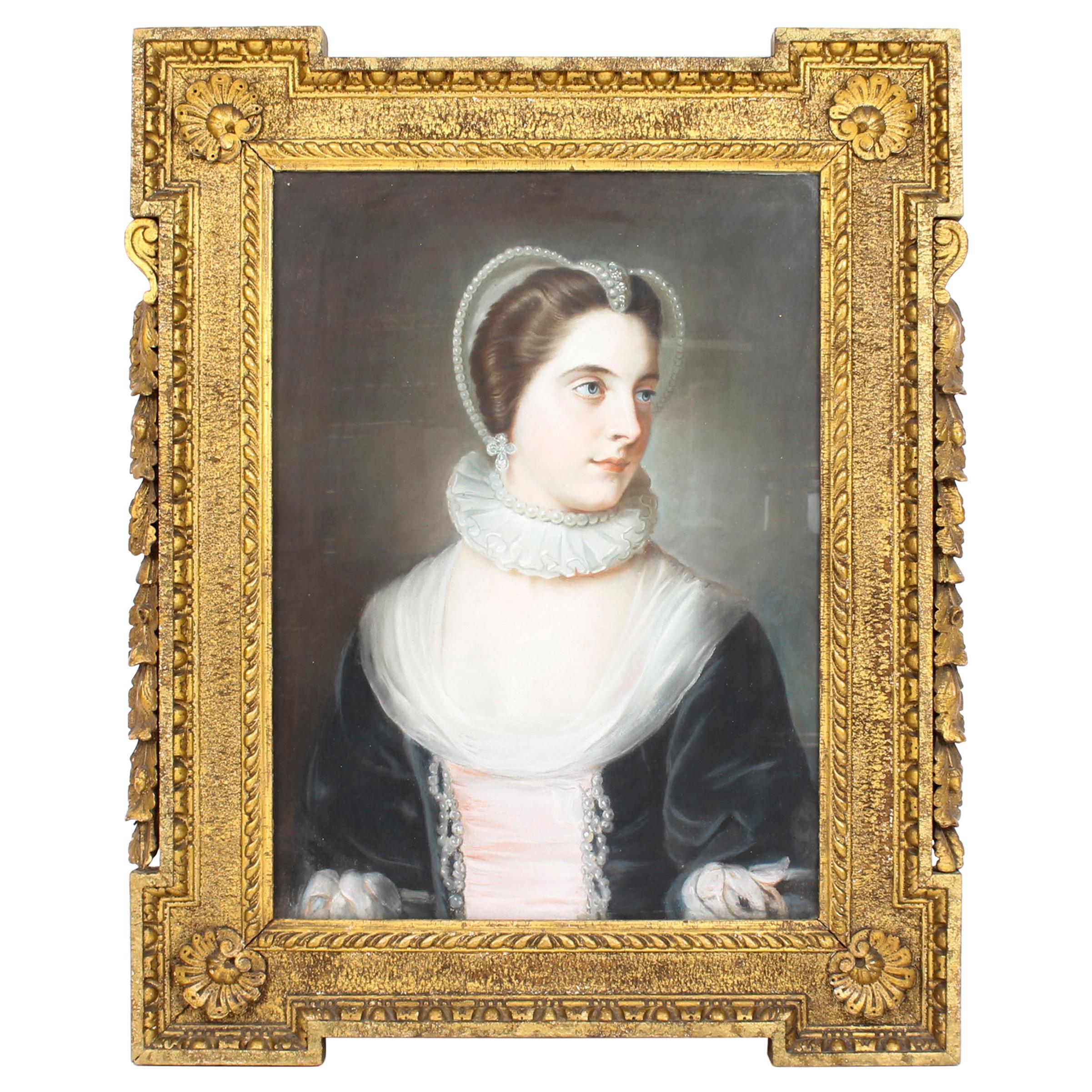 Antique English School Pastel Portrait of a Lady in Archaic Dress, 18th Century