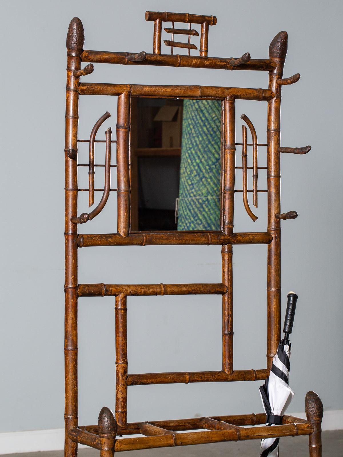 Hand-Crafted Antique English Scorched Bamboo Hall Stand Mirror, circa 1880 For Sale