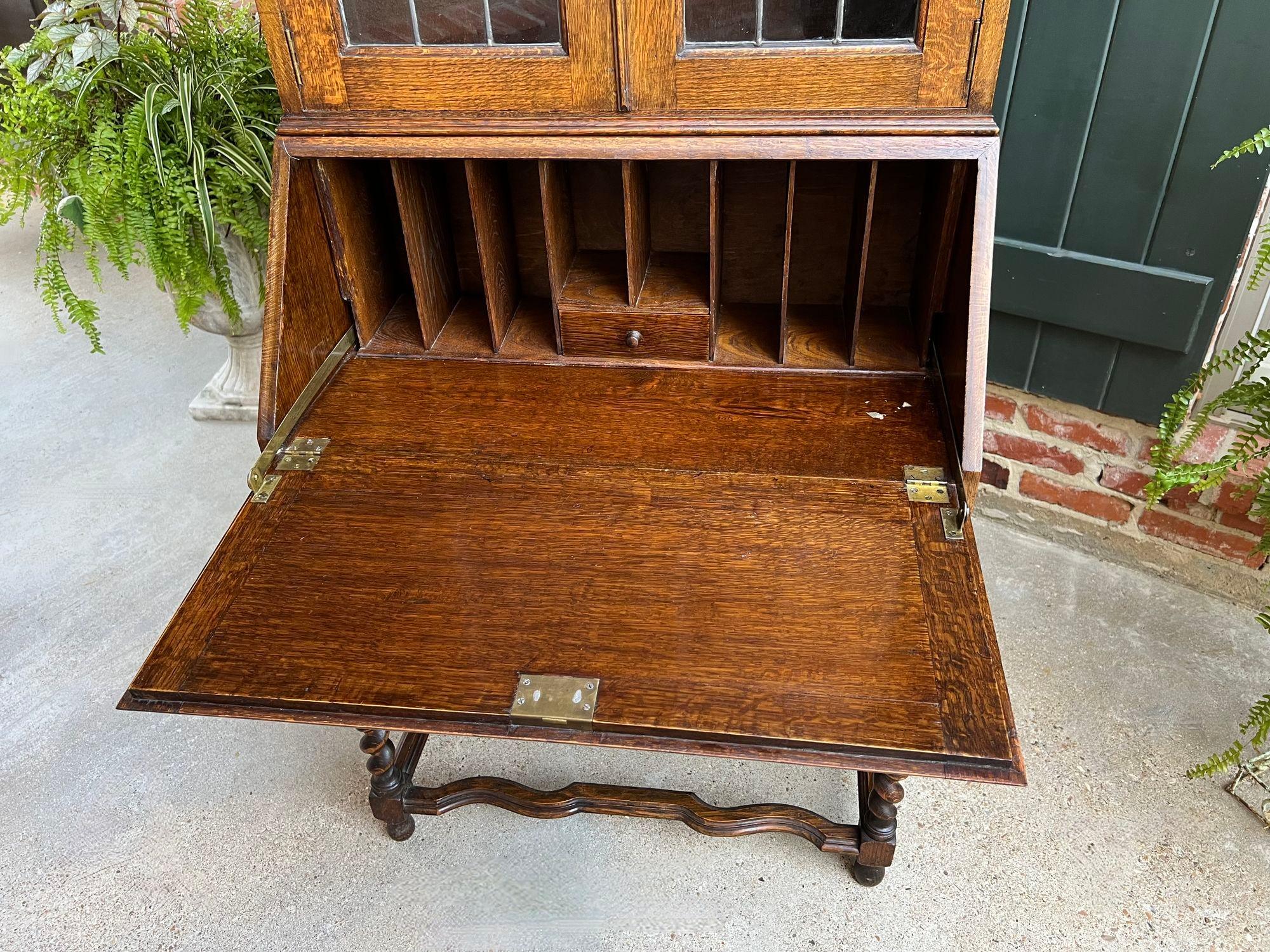 Antique English Secretary Desk Bureau Leaded Glass Bookcase Oak Barley Twist 3