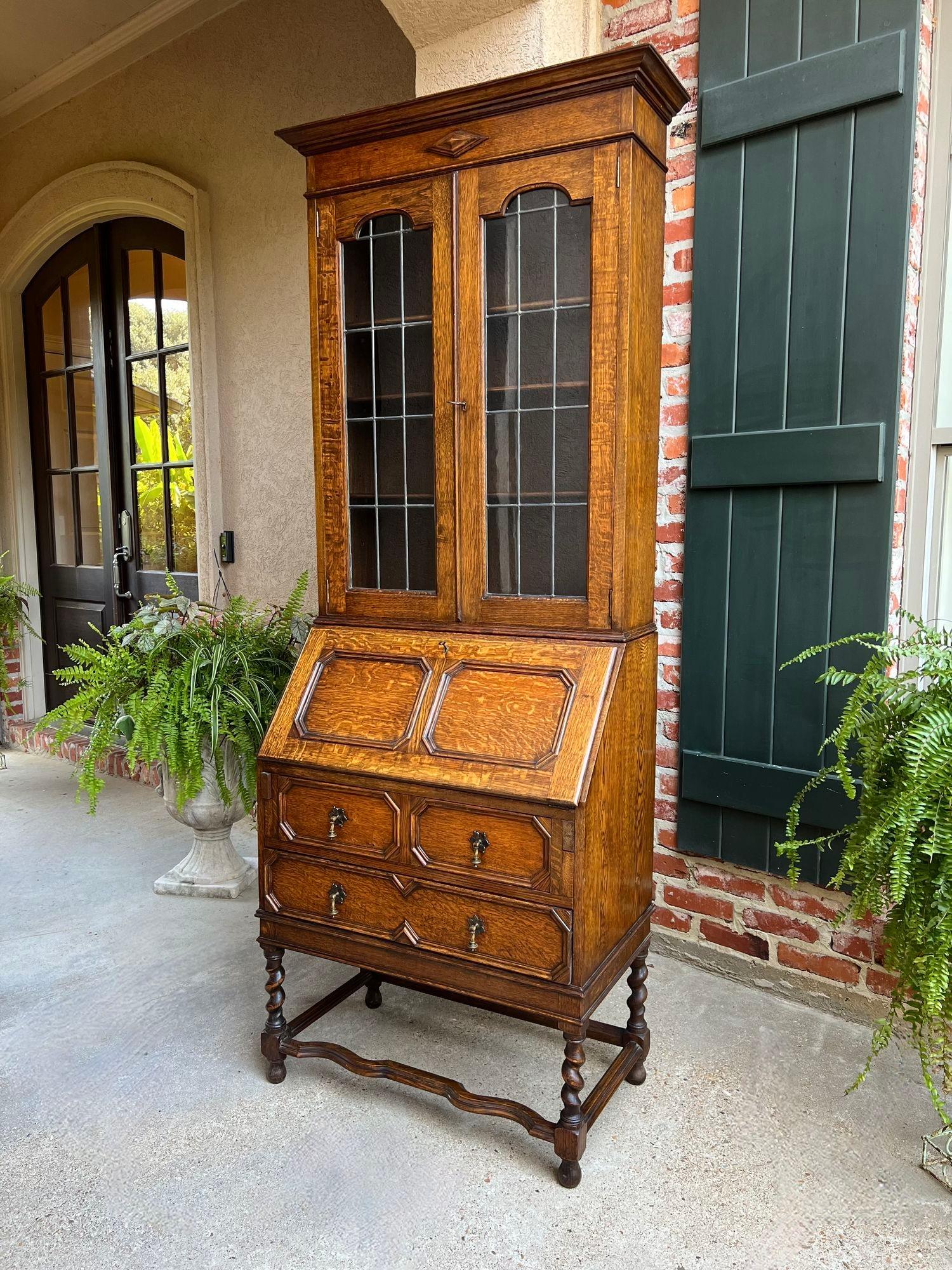 Antique English Secretary Desk Bureau Leaded Glass Bookcase Oak Barley Twist 5