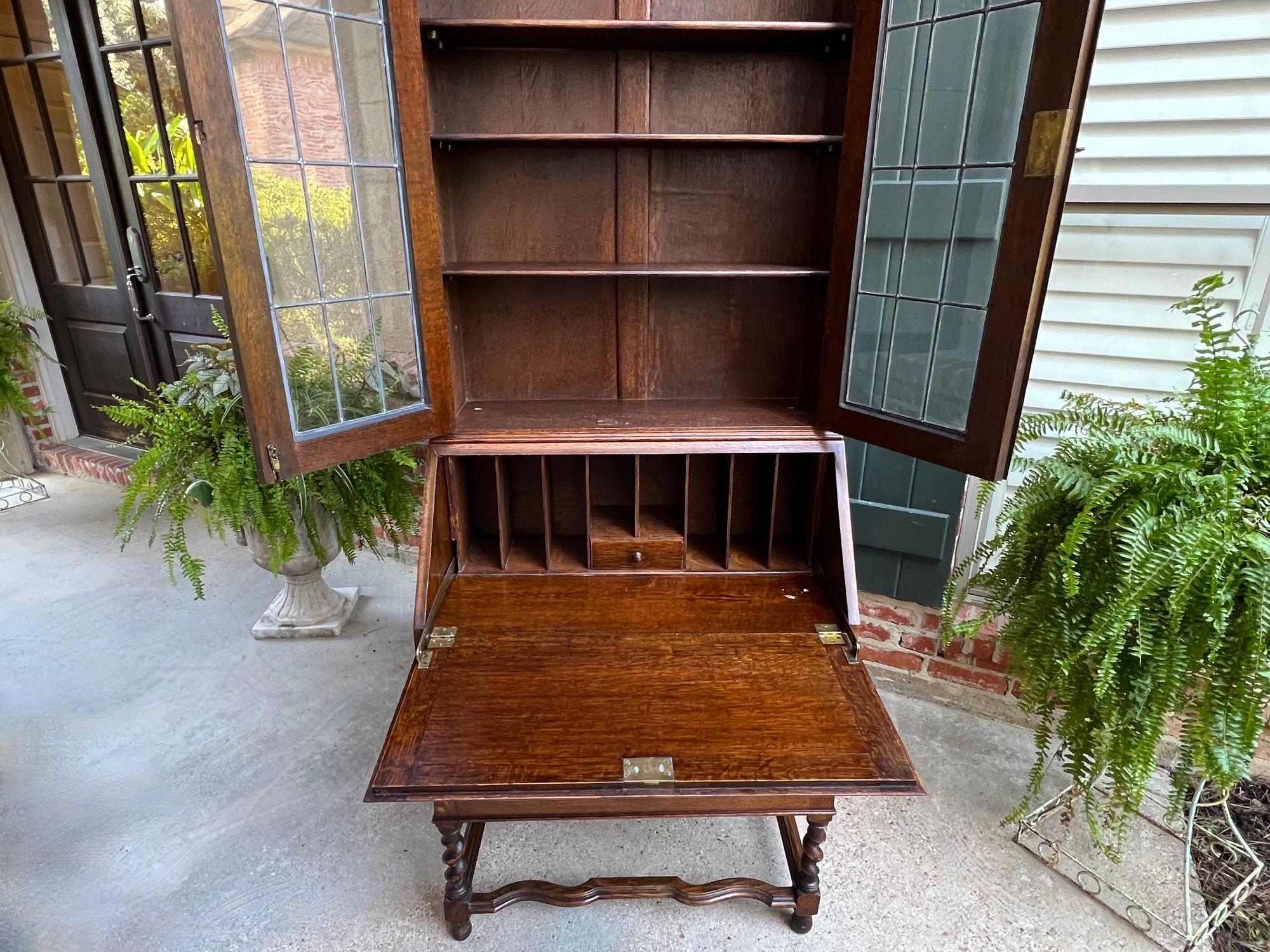 Antique English Secretary Desk Bureau Leaded Glass Bookcase Oak Barley Twist 9