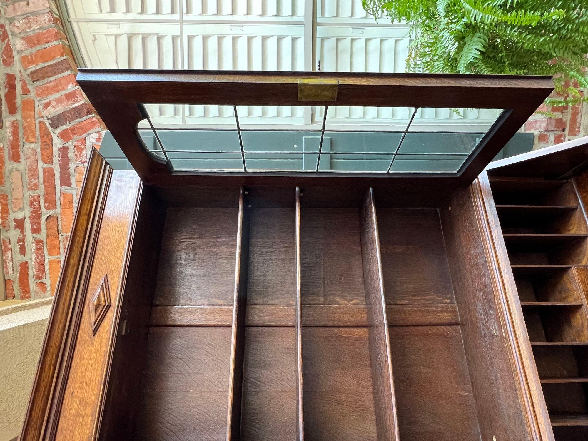 Antique English Secretary Desk Bureau Leaded Glass Bookcase Oak Barley Twist 10
