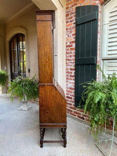 Antique English Secretary Desk Bureau Leaded Glass Bookcase Oak Barley Twist