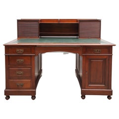 Antique English Secretary Desk, Leather Inlay, 1900