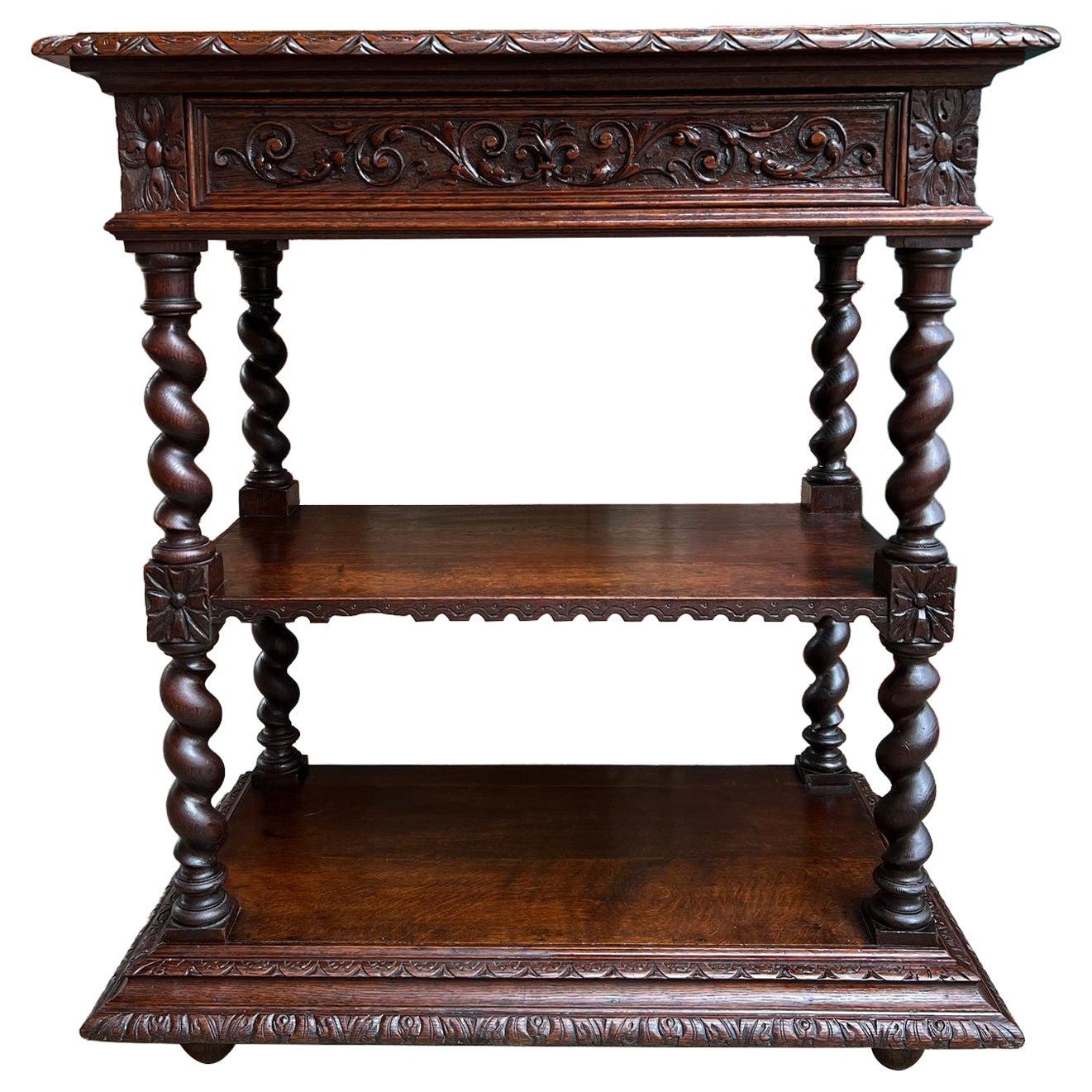 Antique English Server Console Table Jacobean Carved Oak Barley Twist c1900 For Sale