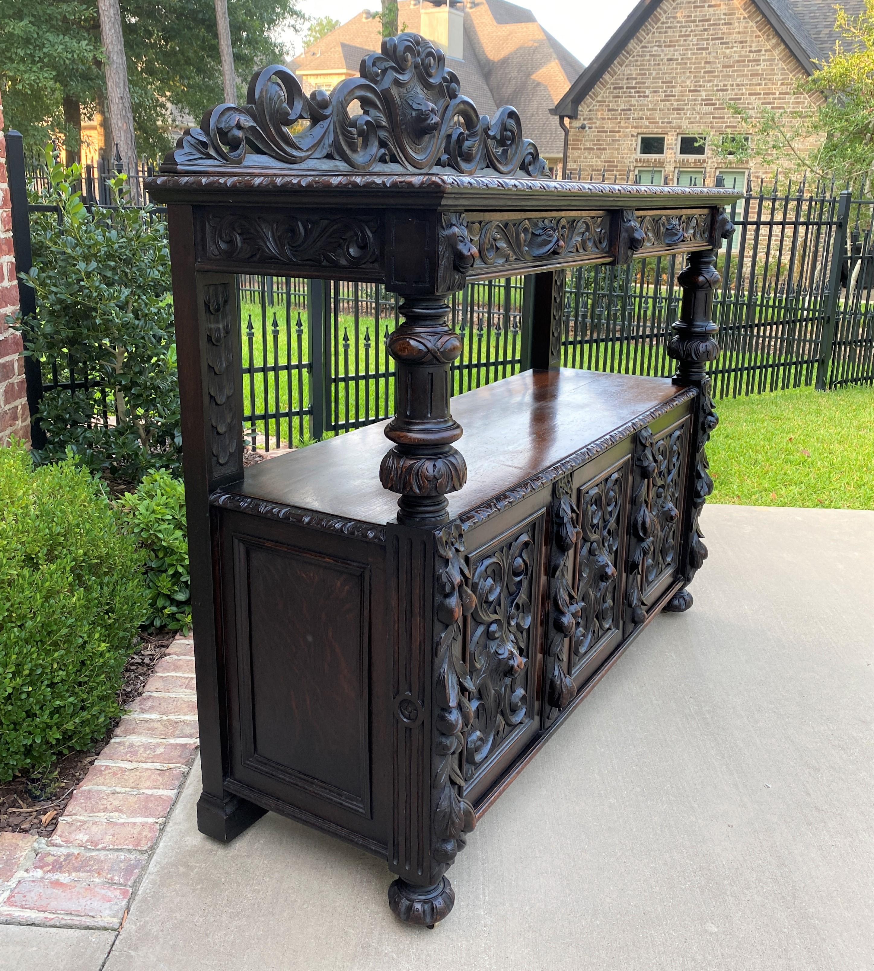 Carved Antique English Server Sideboard Buffet 2-Tier Renaissance Oak 2 Drawers 19th C