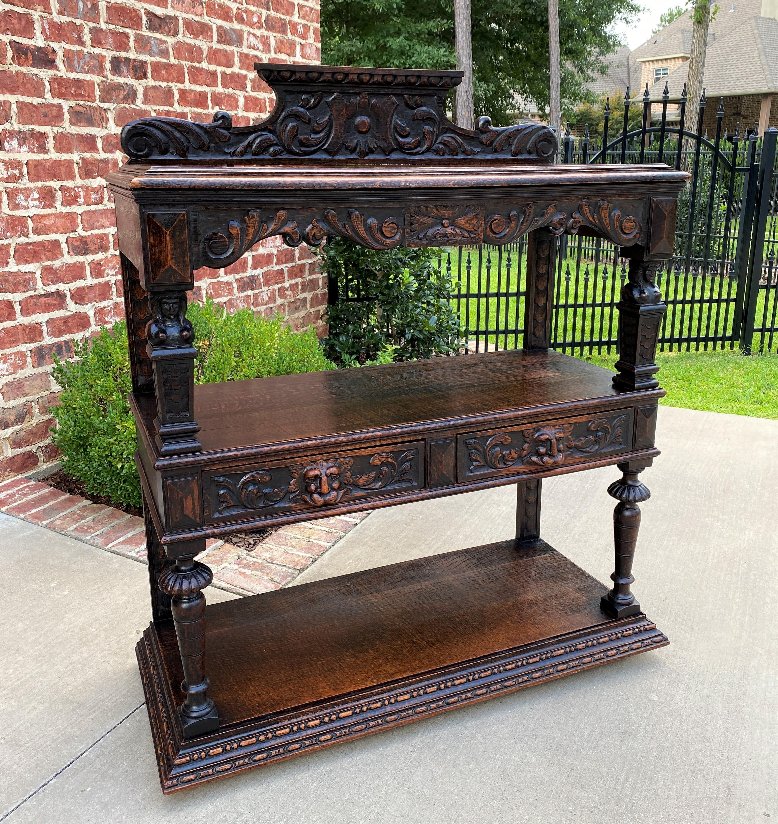 Antique English Server Sideboard Buffet 3-Tier Gothic Revival Oak 2 Drawers 1890 8