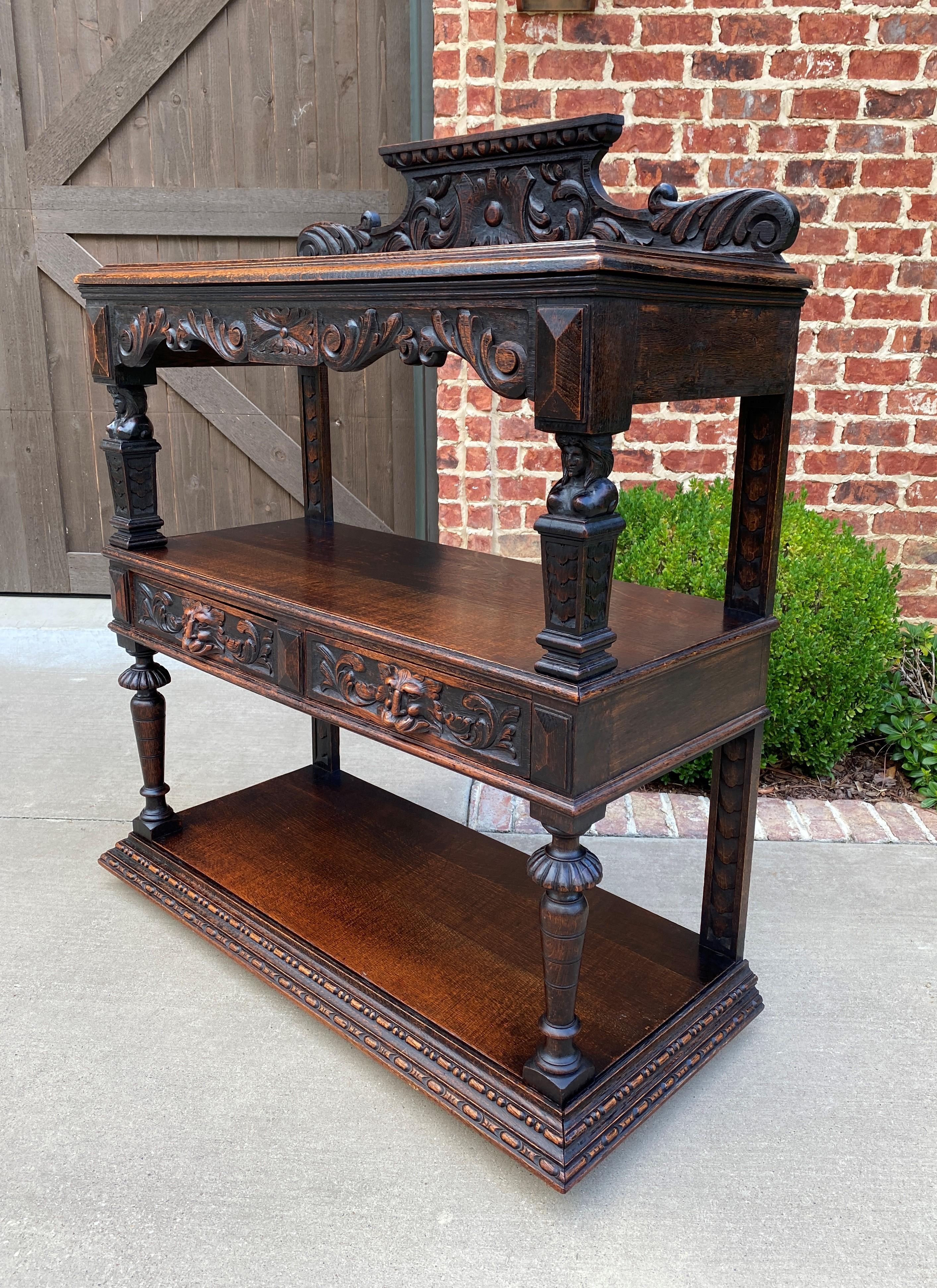 Carved Antique English Server Sideboard Buffet 3-Tier Gothic Revival Oak 2 Drawers 1890