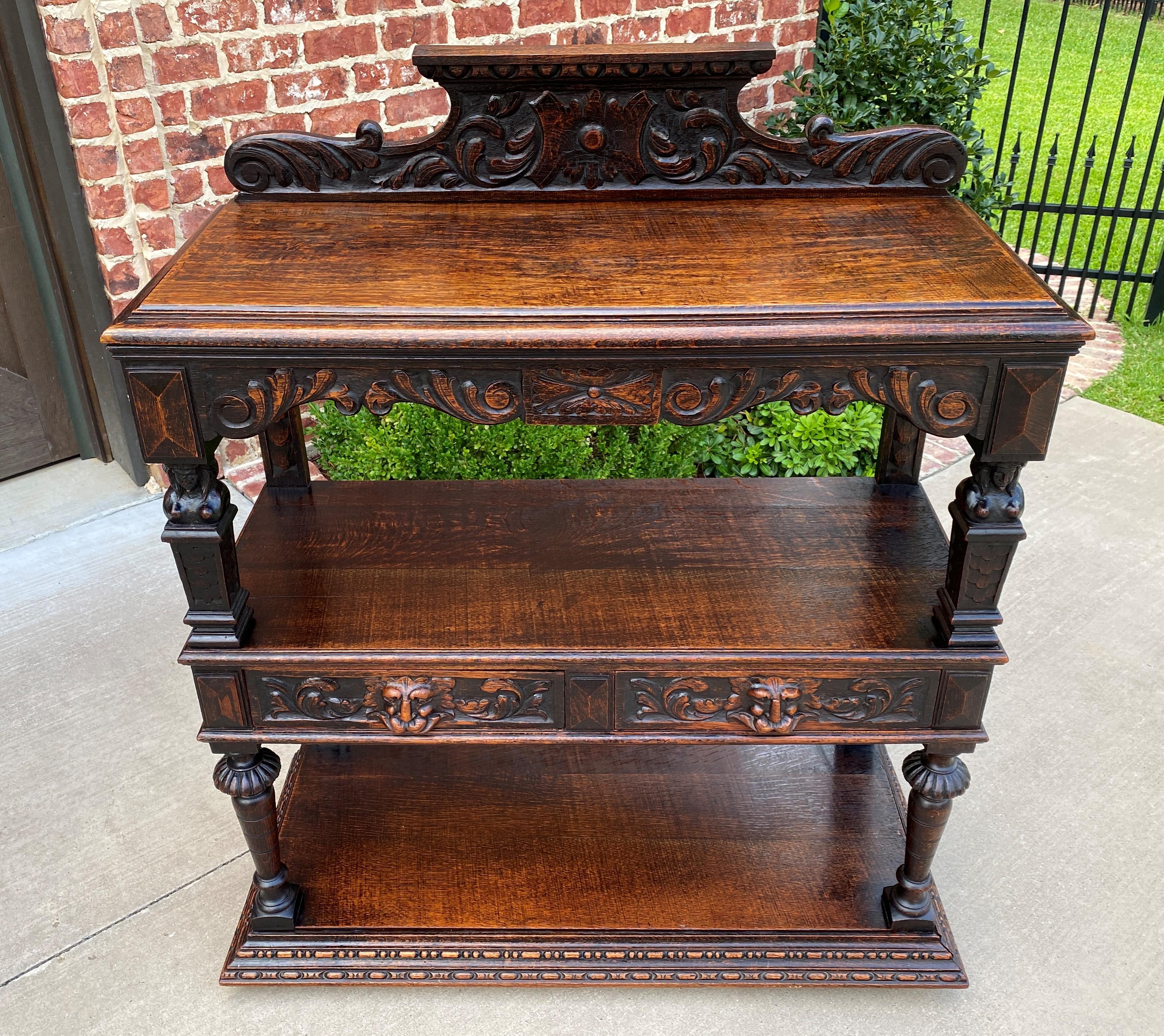 Late 19th Century Antique English Server Sideboard Buffet 3-Tier Gothic Revival Oak 2 Drawers 1890