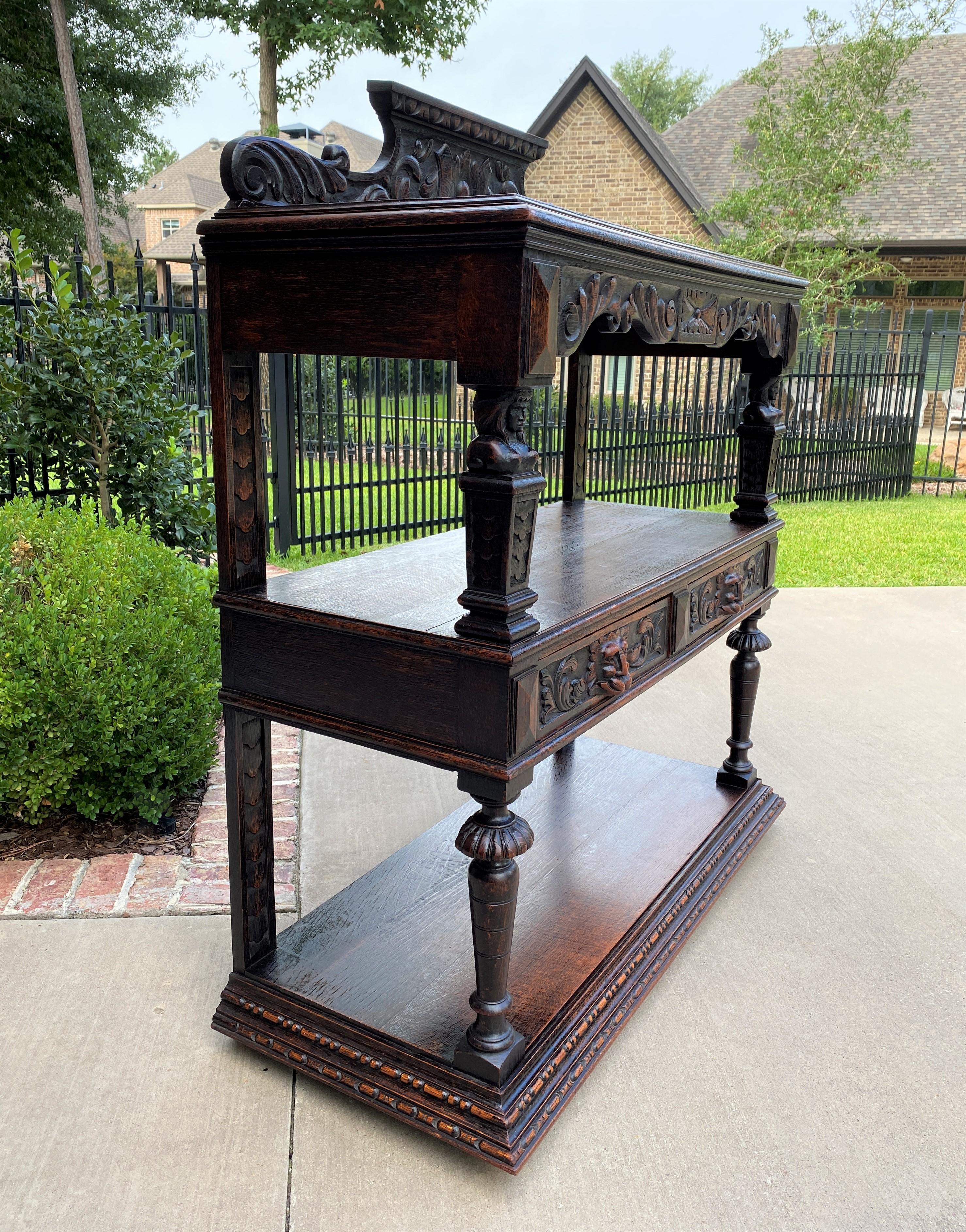 Antique English Server Sideboard Buffet 3-Tier Gothic Revival Oak 2 Drawers 1890 3