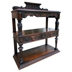 Antique English Server Sideboard Buffet 3-Tier Gothic Revival Oak 2 Drawers 1890