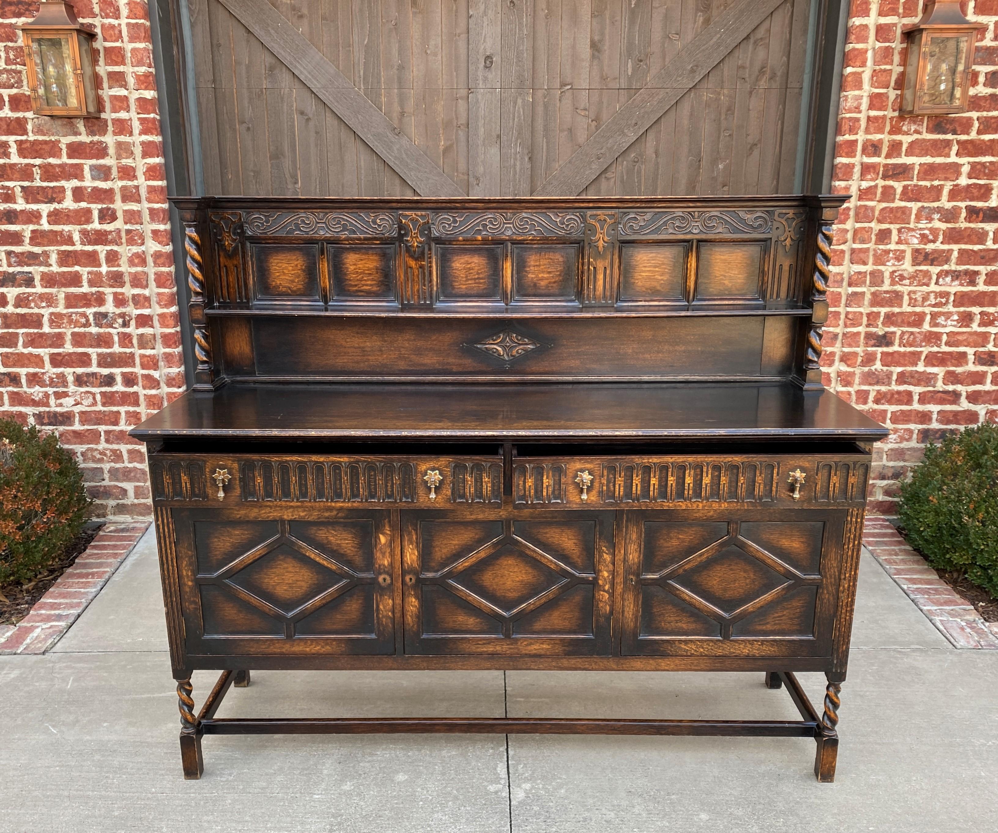 Antique English Server Sideboard Buffet Jacobean Oak Barley Twist 19th C 2