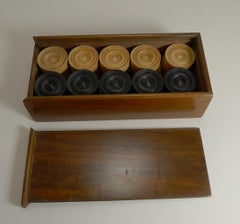 Antique English Set Ebony and Boxwood Draughts / Checkers / Backgammon Counters