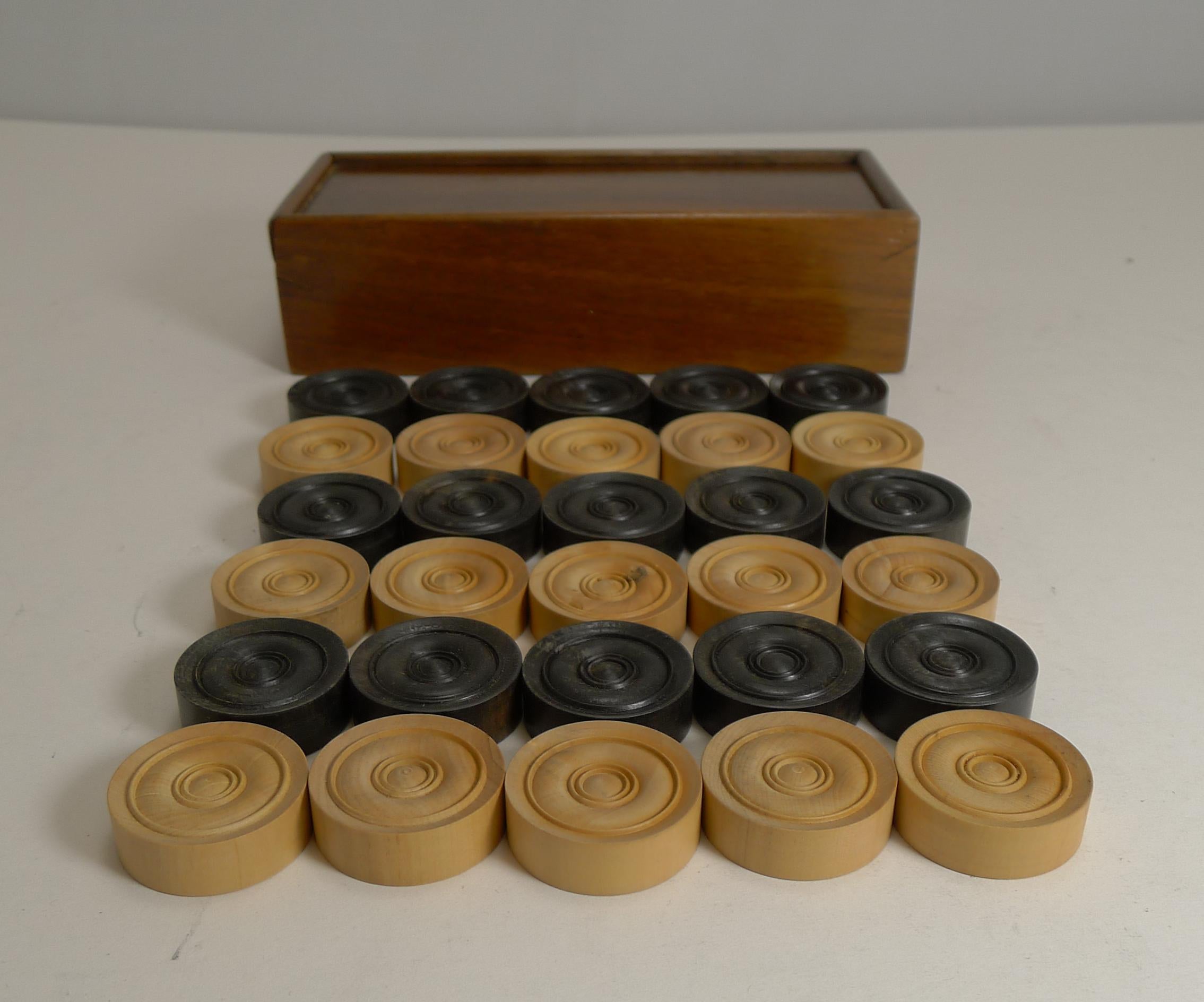 Wood Antique English Set Ebony and Boxwood Draughts / Checkers / Backgammon Counters