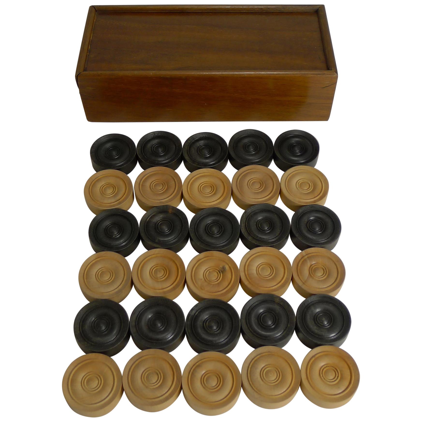 Antique English Set Ebony and Boxwood Draughts / Checkers / Backgammon Counters
