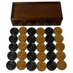 Antique English Set Ebony & Boxwood Draughts / Checkers / Backgammon Counters