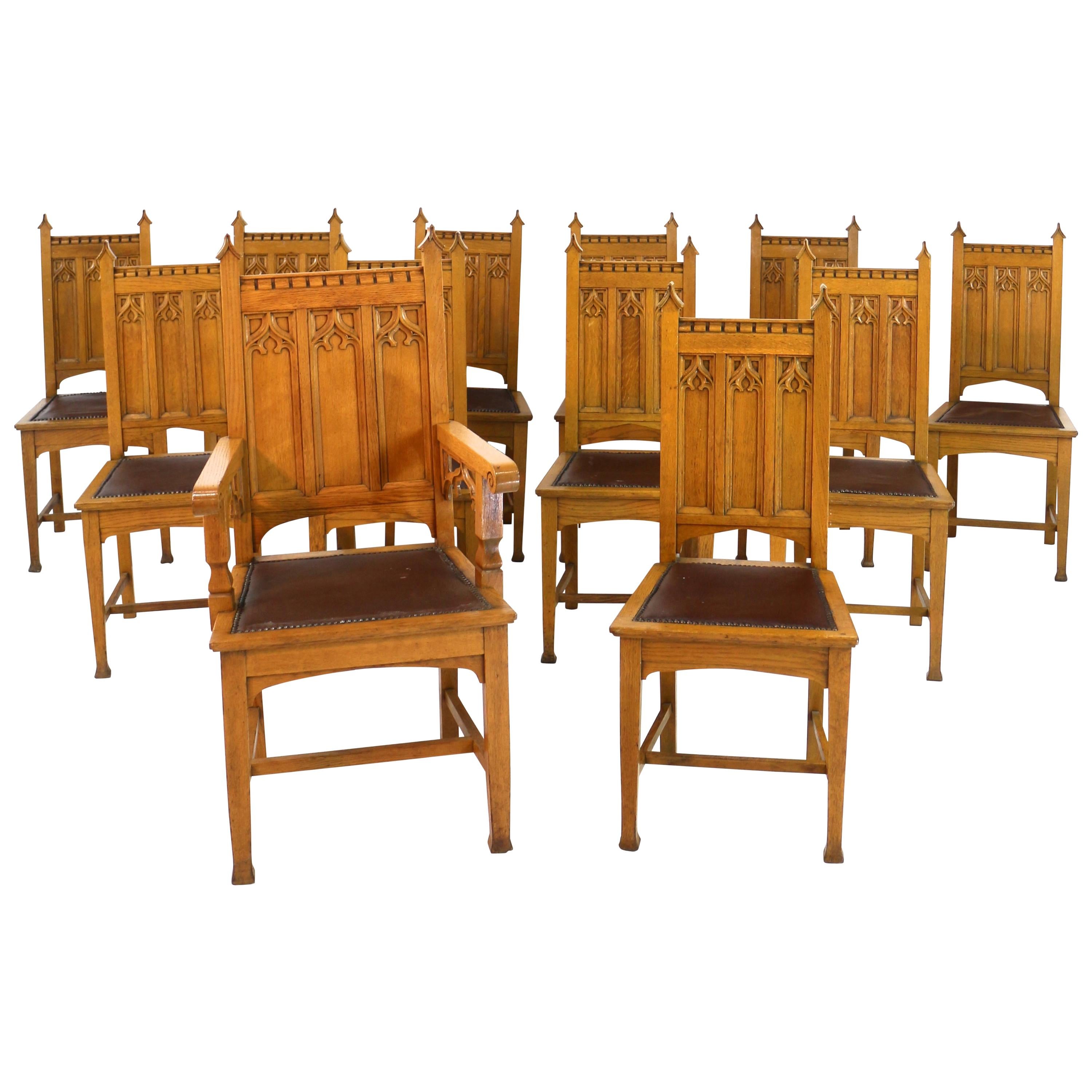Antique English Set of 12 Gothic Revival Arts & Crafts Oak Dining Chairs