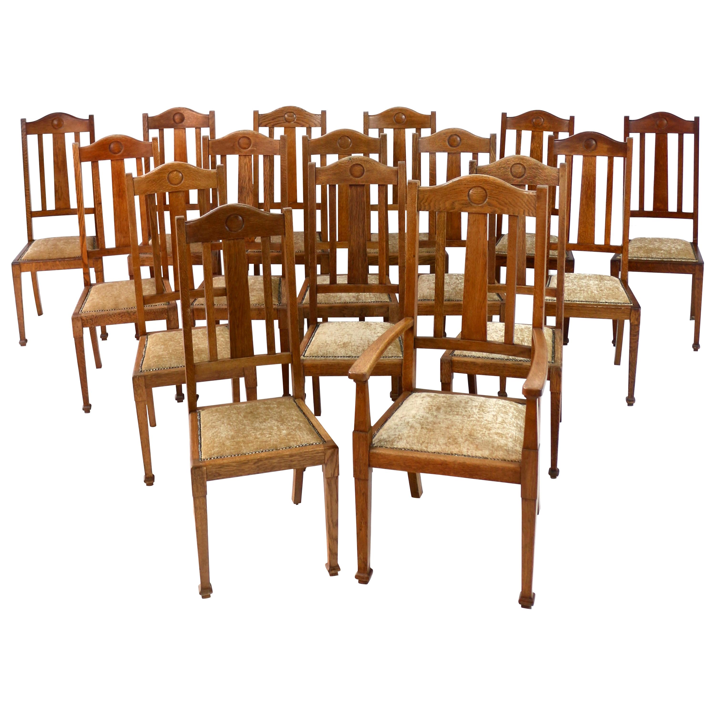Antique English Set of 16 Arts & Crafts Oak Dining Chairs by Shapland & Petter