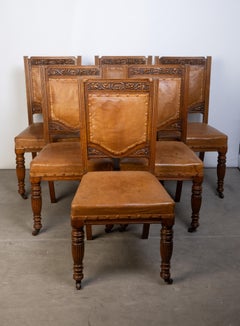 Antiguo juego inglés de seis sillas de comedor de estilo isabelino de Robson & Sons