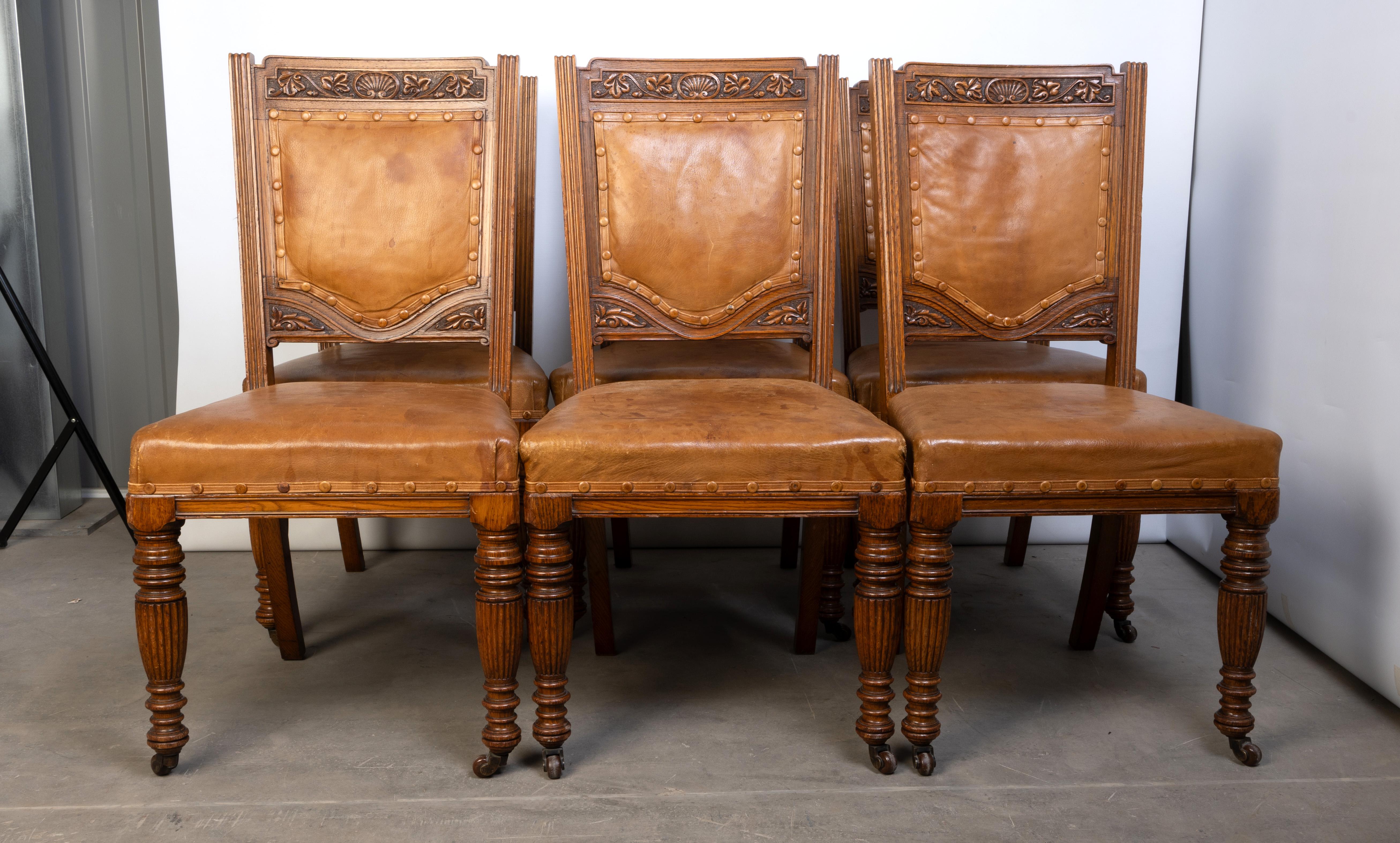 Carved Antique English Set Of Six Elizabethan Revival Dining Chairs By Robson & Sons For Sale