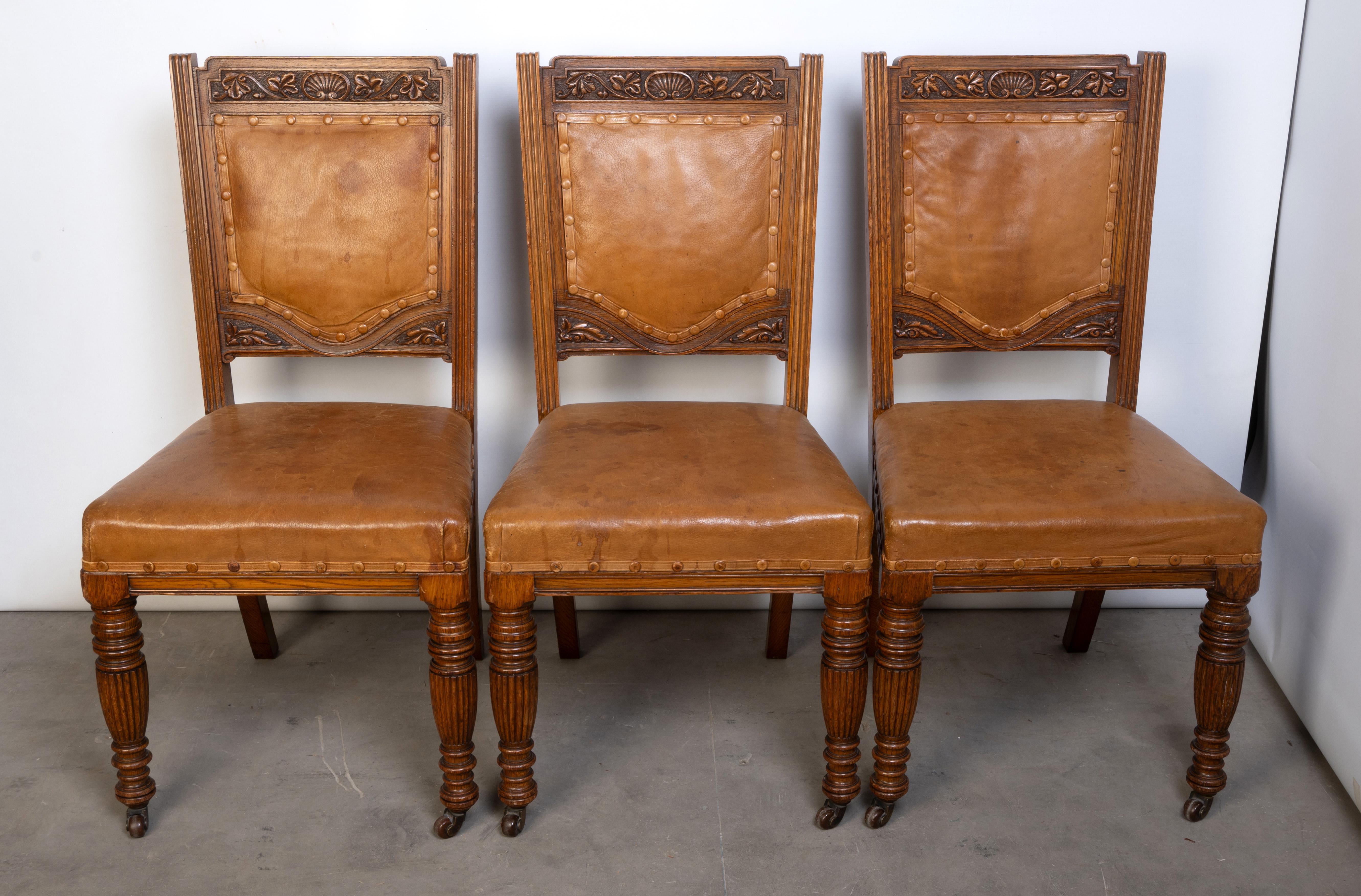 Leather Antique English Set Of Six Elizabethan Revival Dining Chairs By Robson & Sons For Sale