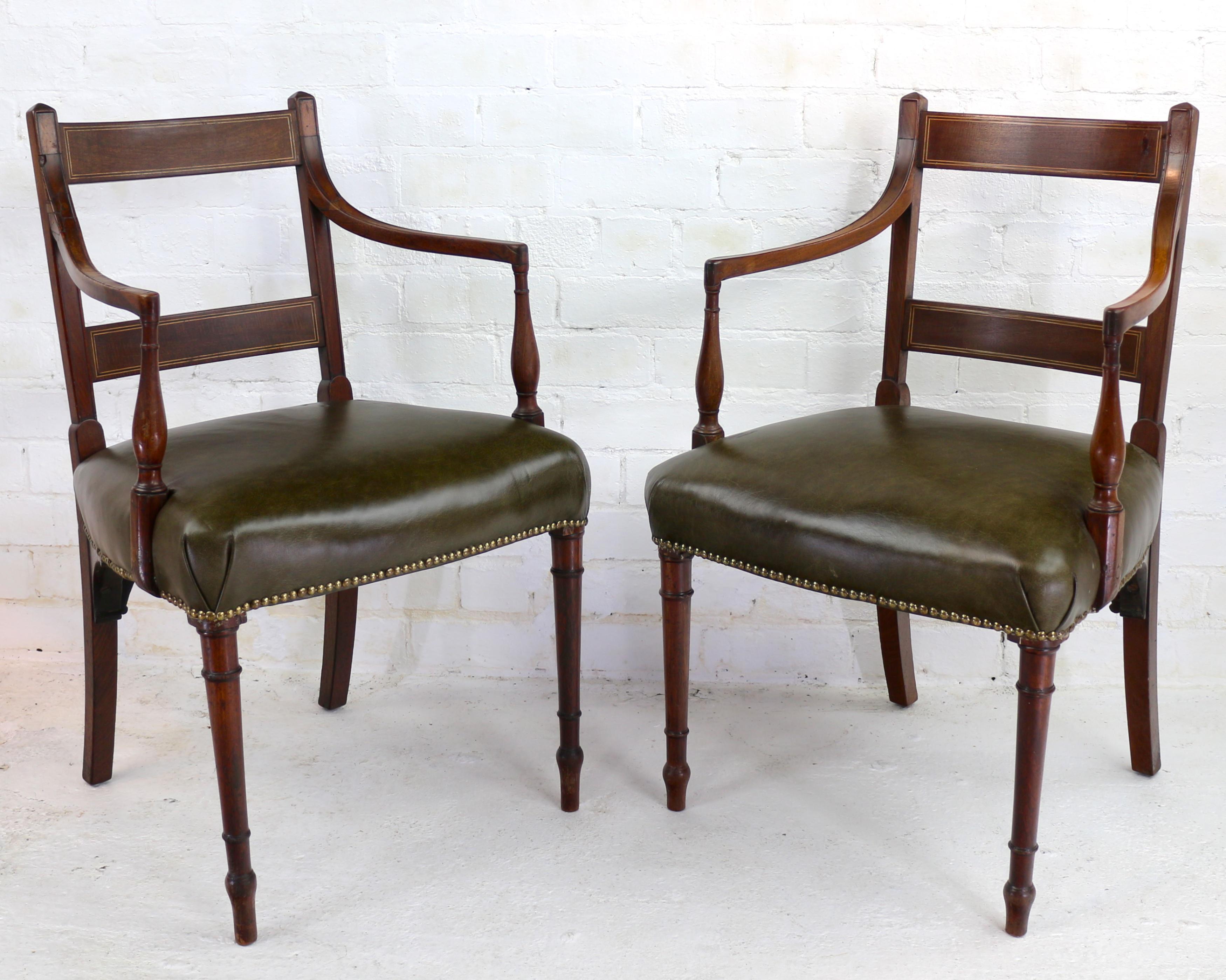 Leather Antique English Set of Twelve George III Mahogany & Inlaid Dining Chairs For Sale