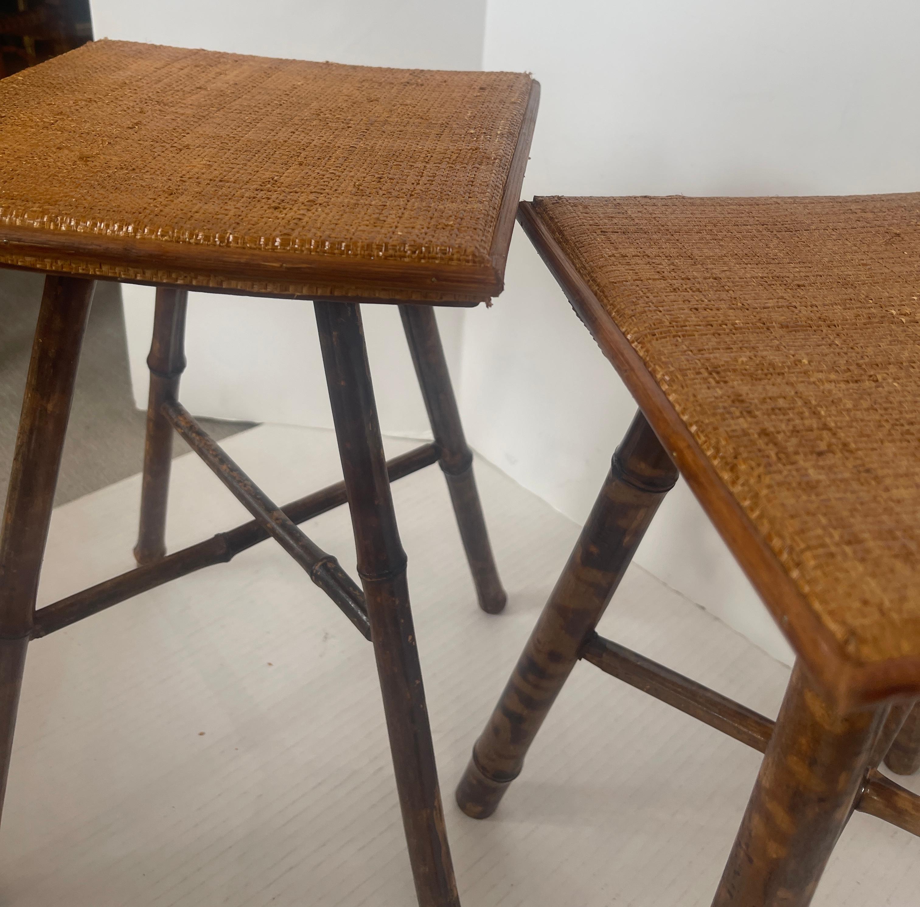 Just in this set of two Antique English Bamboo Tortoiseshell and Grasscloth  Stools, C.1920s.
I call them a set as one is half an inch higher, also one has bamboo tortoise shell color legs the other has darker bamboo legs.
Very goo antique