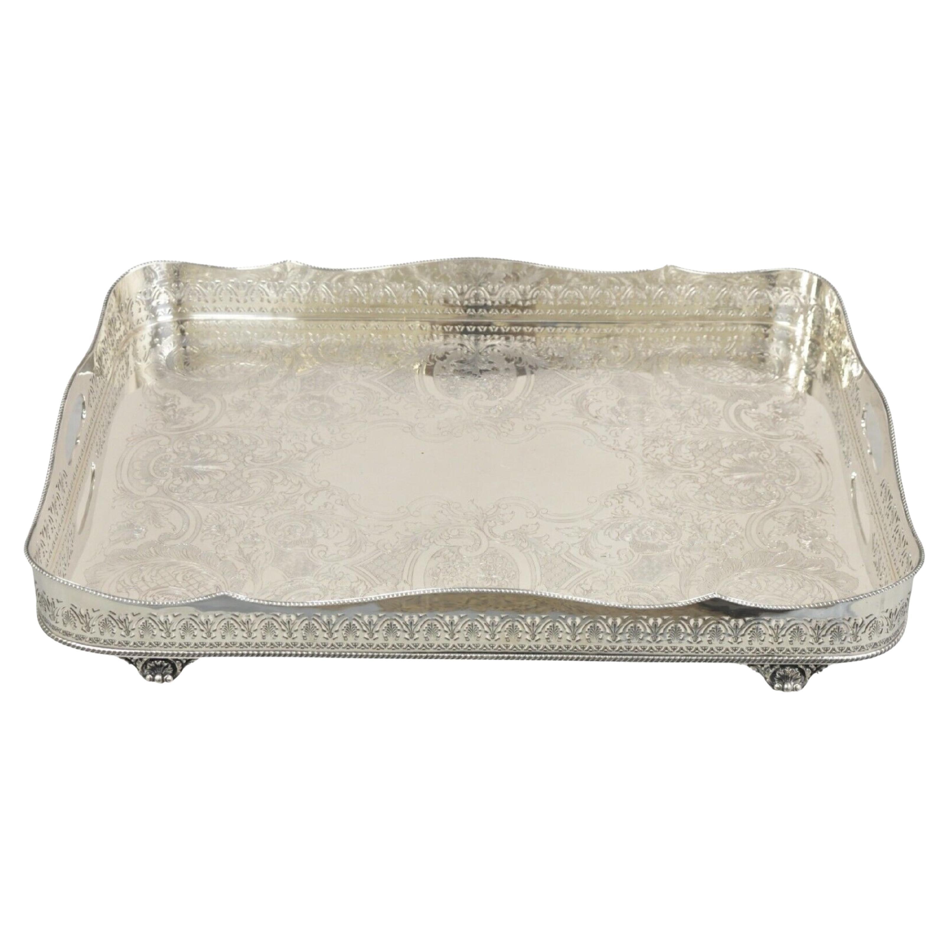 Antique English Sheffield Adams Silver Plated Scalloped Serving Platter Tray For Sale