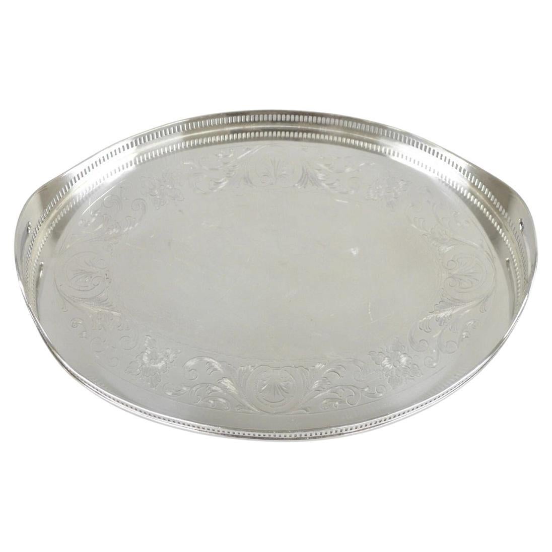 Antique English Sheffield Edwardian Silver Plated Oval 16" Bar Tray w/ Gallery For Sale