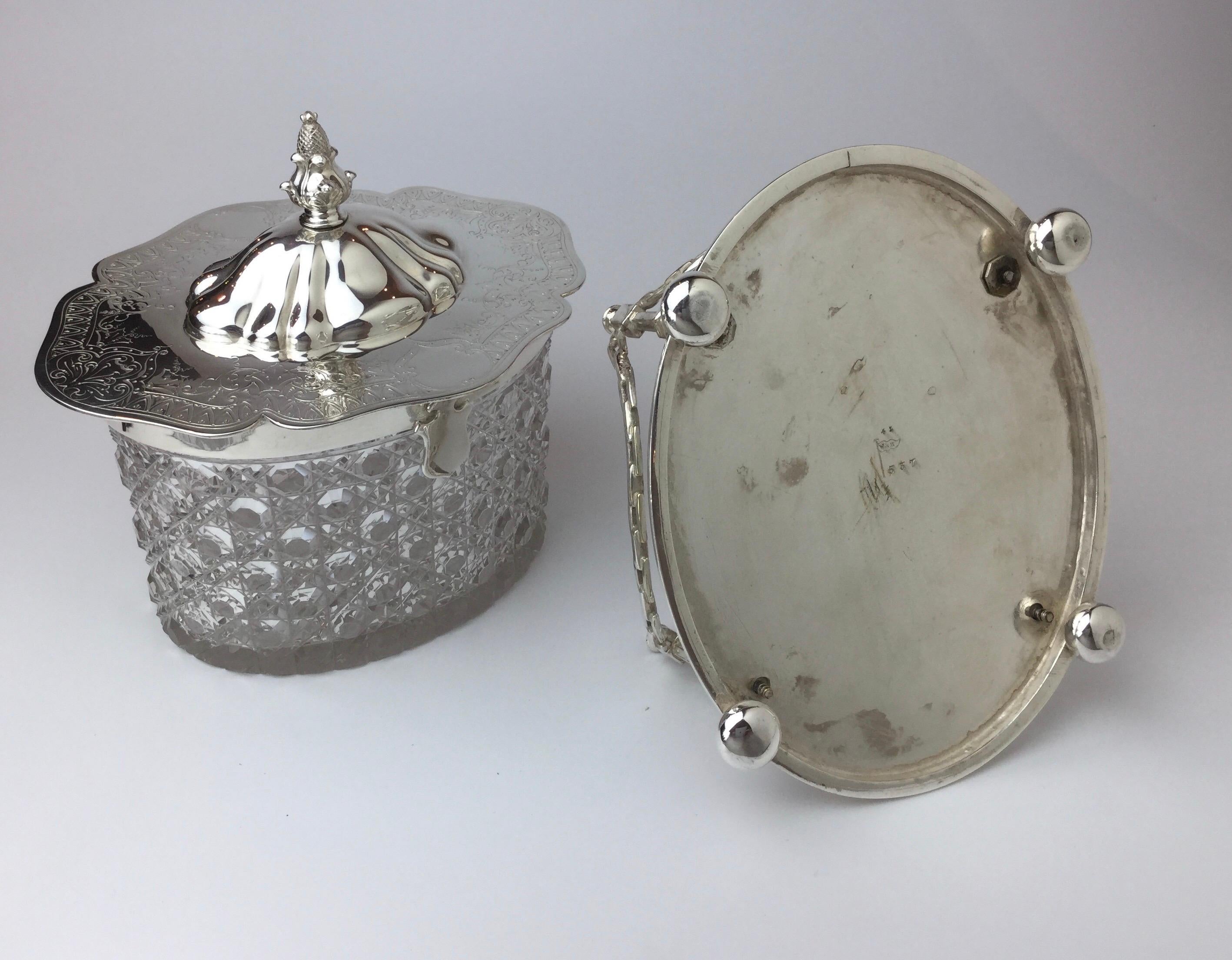 Antique English Sheffield Plate and Cut Class Biscuit Box For Sale 1