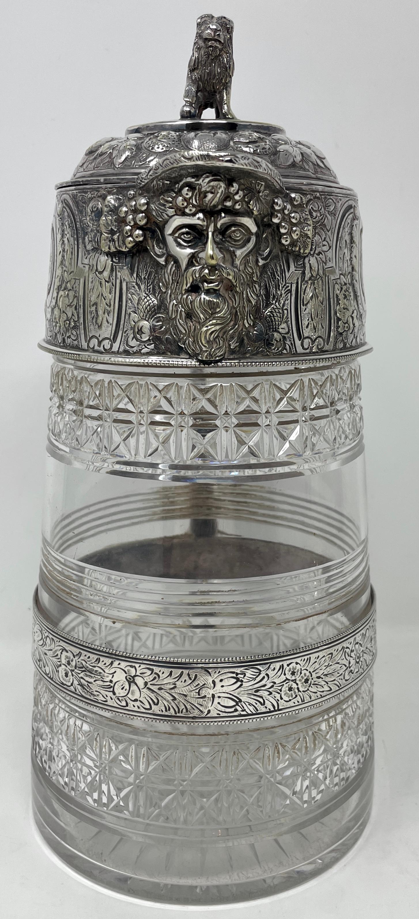 Antique English Sheffield silver and cut crystal claret or water jug with Lion and Crest at top, Presented April 1876.