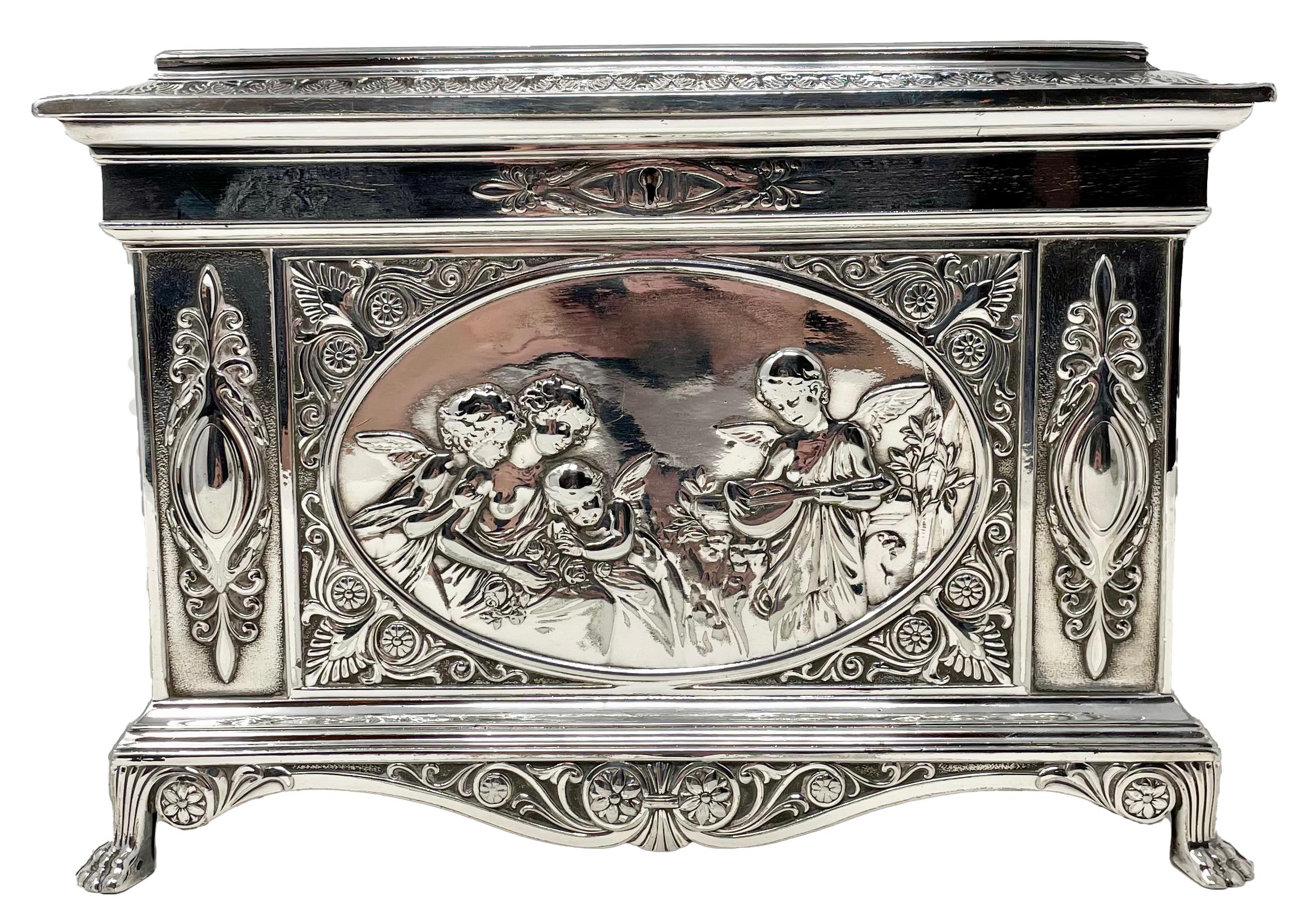 Antique English Sheffield Silver-Plated Footed Jewel Box, Circa 1890.
Beautiful Chasing