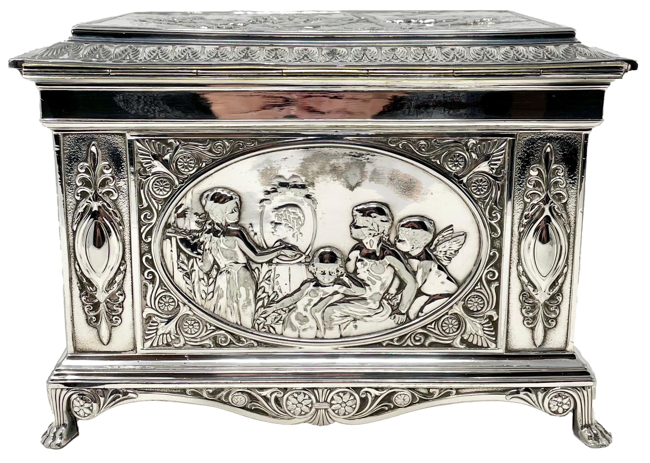 19th Century Antique English Sheffield Silver Footed Jewel Box, Circa 1890. For Sale