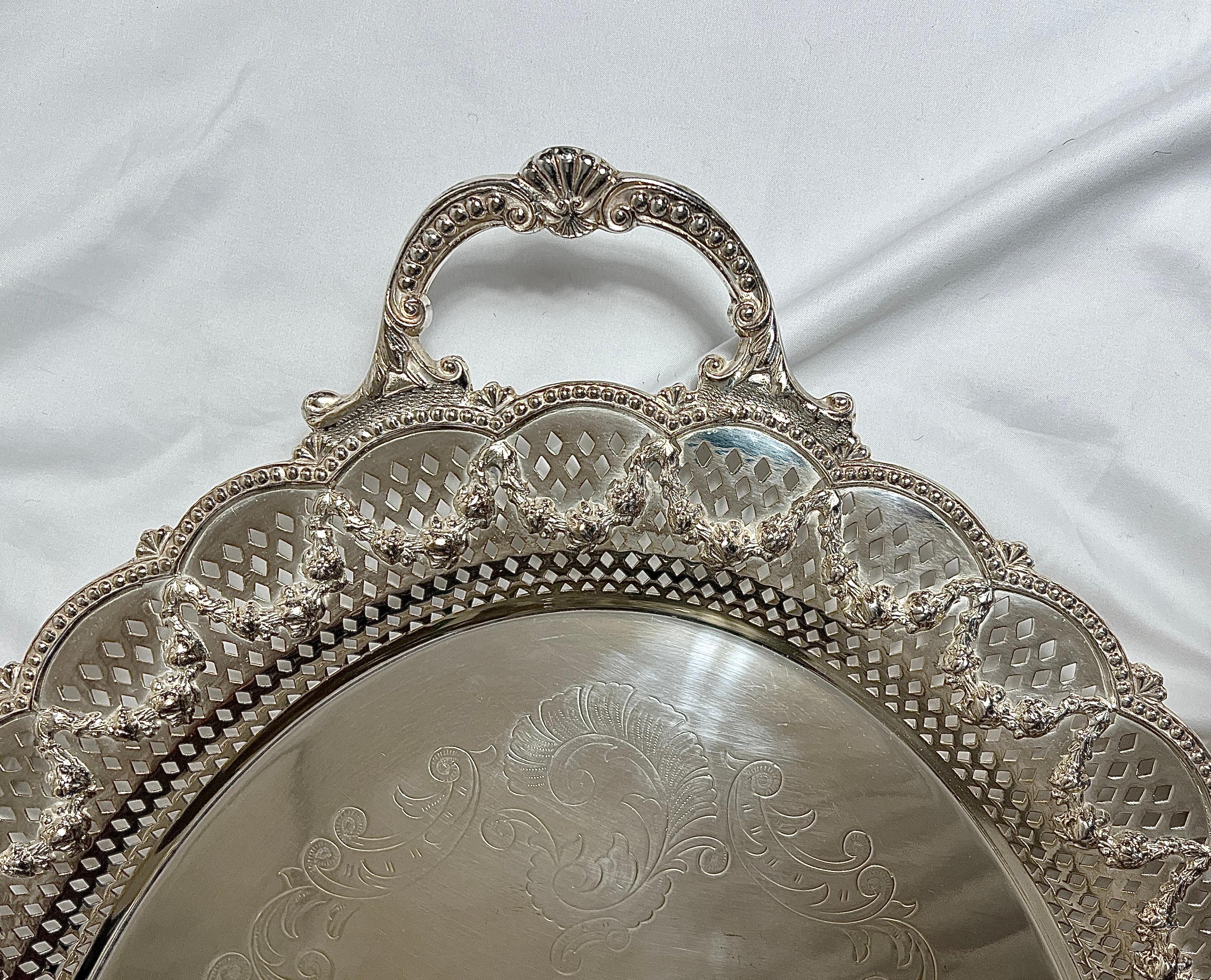 19th Century Antique English Sheffield Silver Footed Openwork Tray, Circa 1890. For Sale