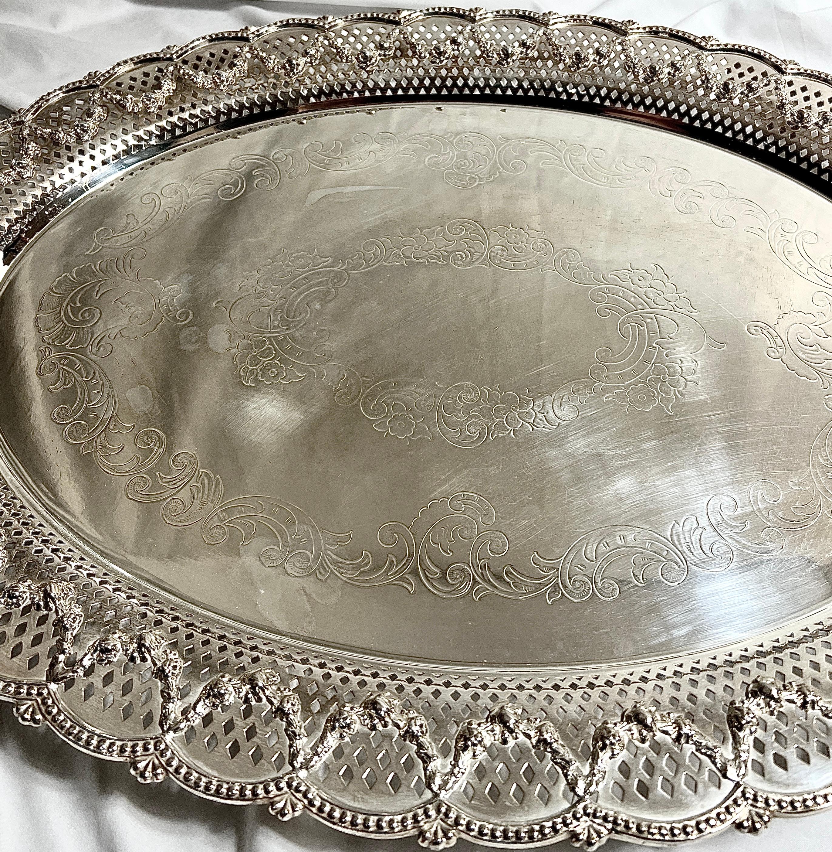 Sheffield Plate Antique English Sheffield Silver Footed Openwork Tray, Circa 1890. For Sale