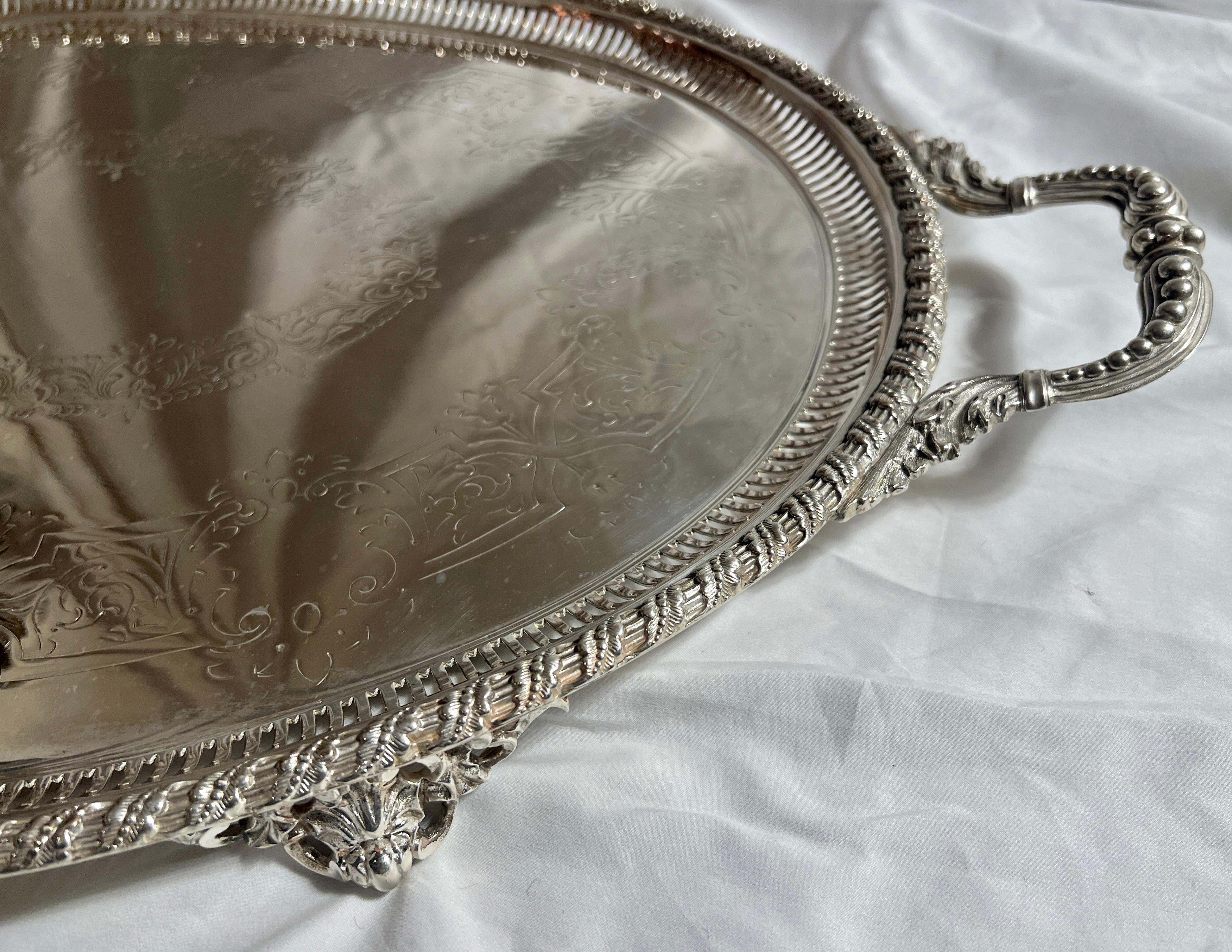 19th Century Antique English Sheffield Silver Footed Tray with Openwork Edge, Circa 1890. For Sale