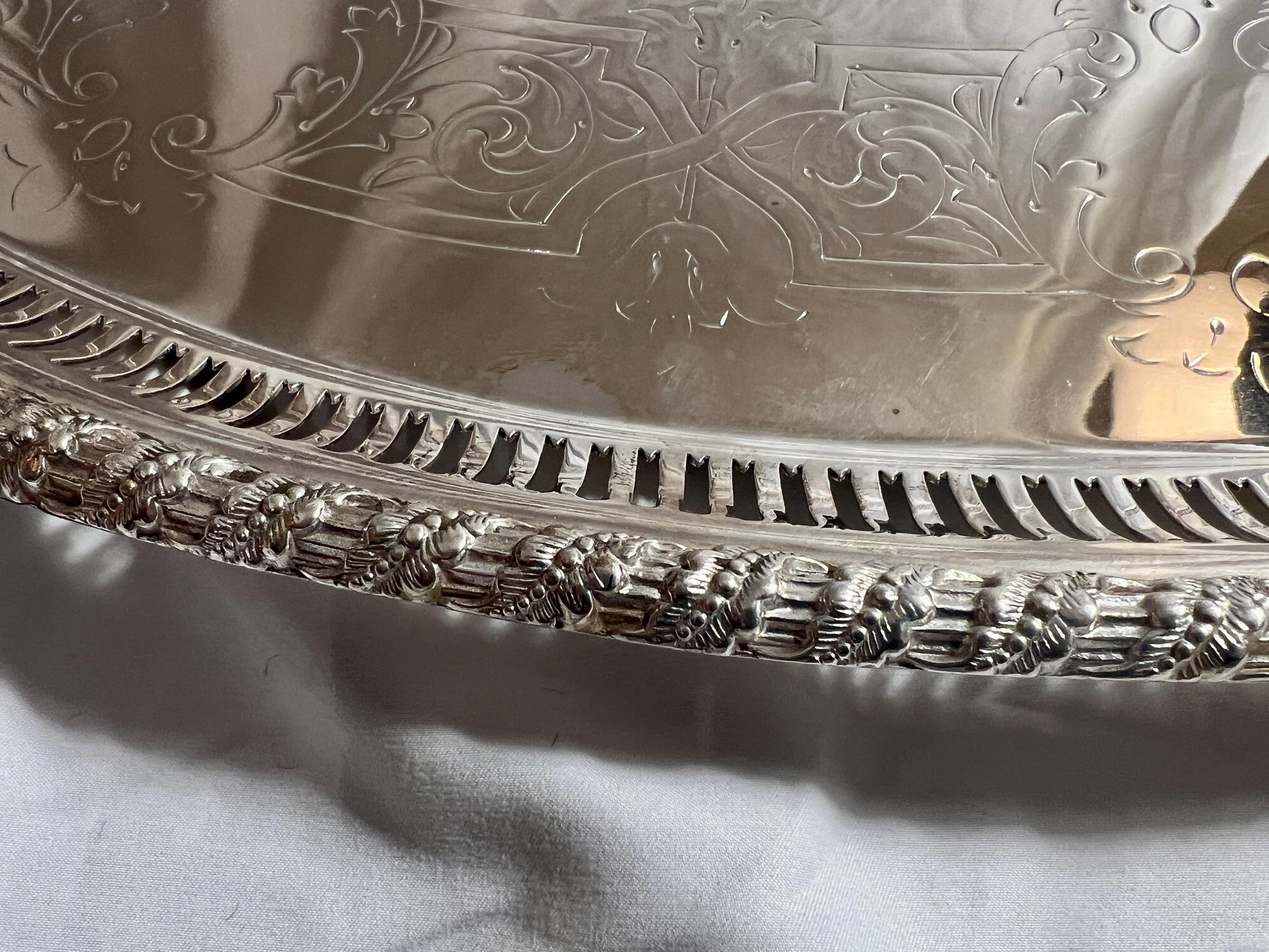 Sheffield Plate Antique English Sheffield Silver Footed Tray with Openwork Edge, Circa 1890. For Sale
